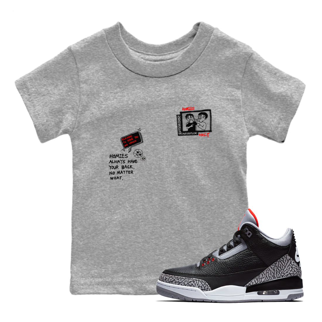 3s Black Cement shirts to match jordans Homies Only sneaker match tees Air Jordan 3 Black Cement match shoes to clothes SNRT Sneaker Tees Youth Baby Heather Grey 1 tee