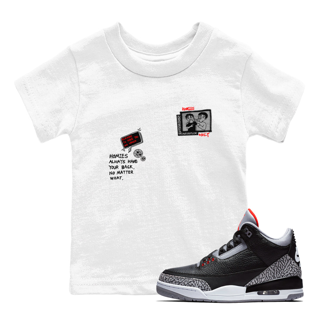 3s Black Cement shirts to match jordans Homies Only sneaker match tees Air Jordan 3 Black Cement match shoes to clothes SNRT Sneaker Tees Youth Baby White 1 tee