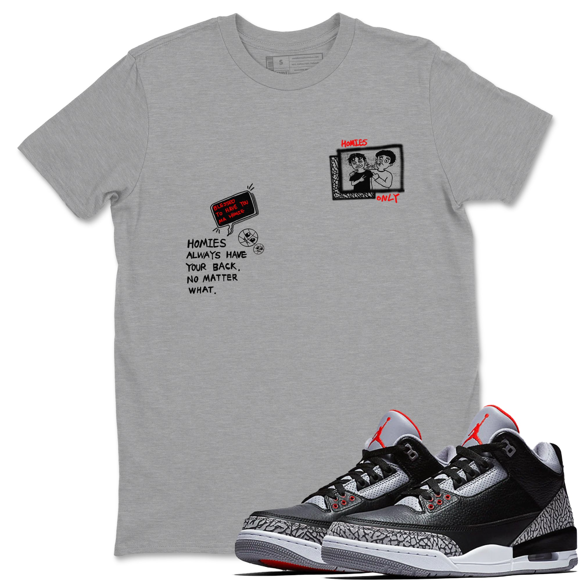 3s Black Cement shirts to match jordans Homies Only sneaker match tees Air Jordan 3 Black Cement match shoes to clothes SNRT Sneaker Tees unisex cotton Heather Grey 1 shirts