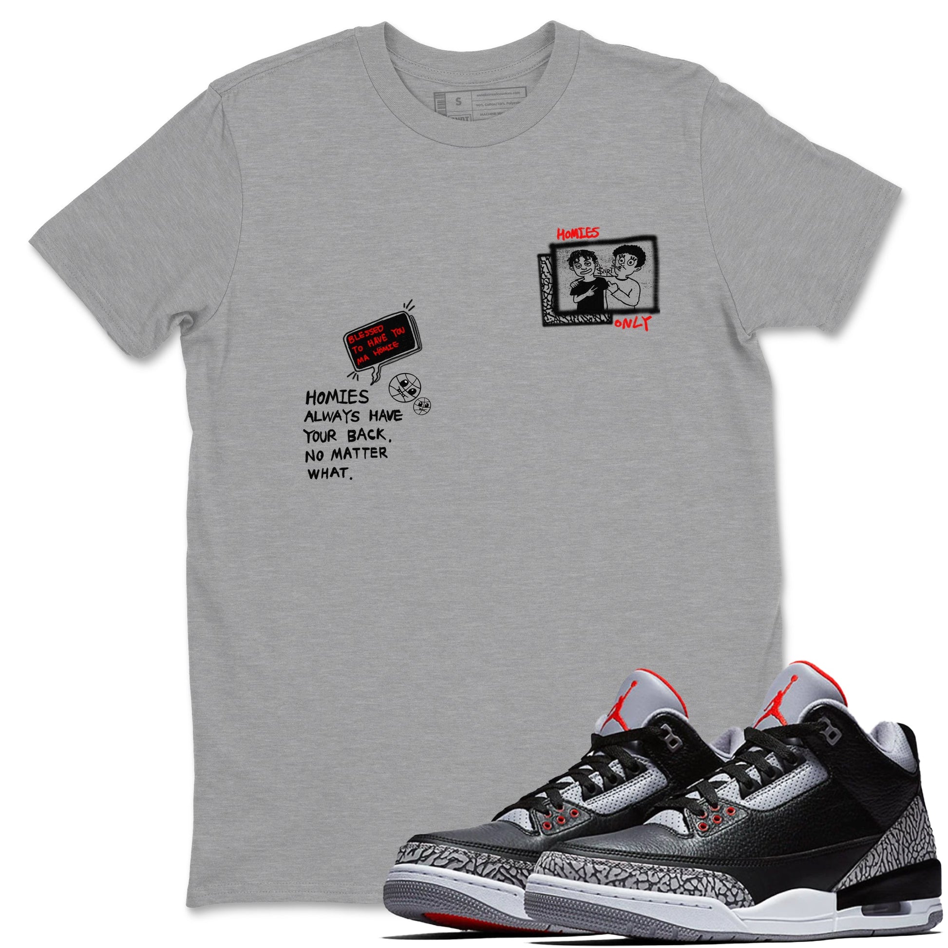 3s Black Cement shirts to match jordans Homies Only sneaker match tees Air Jordan 3 Black Cement match shoes to clothes SNRT Sneaker Tees unisex cotton Heather Grey 1 shirts