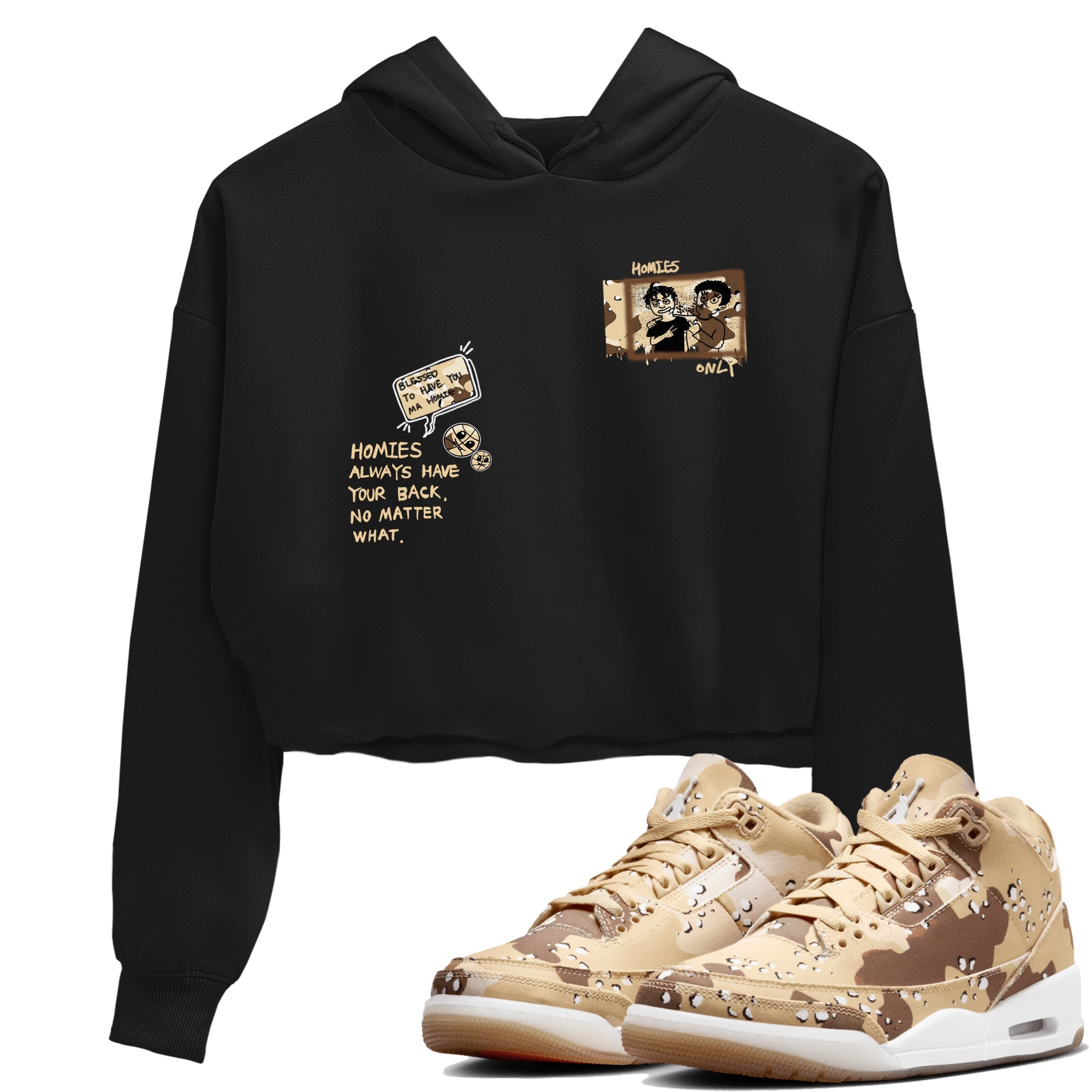 AJ3 Desert Camo shirts to match jordans Homies Only sneaker match tees Air Jordan 3 Desert Camo SNRT Sneaker Tees streetwear brand Black 1 crop tee