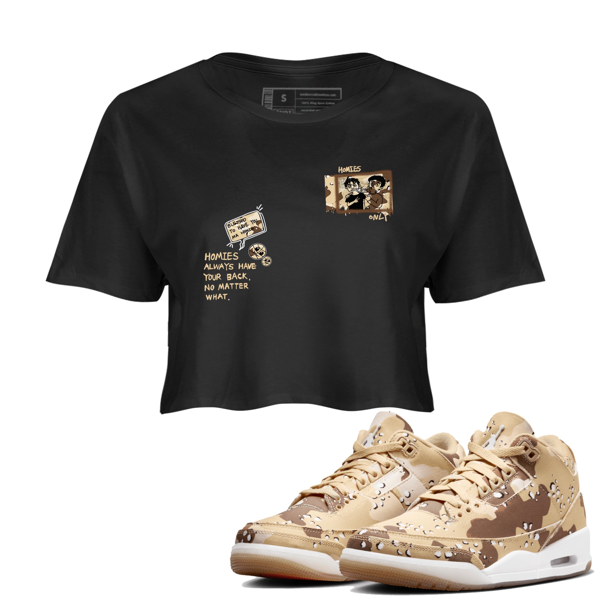 AJ3 Desert Camo shirts to match jordans Homies Only sneaker match tees Air Jordan 3 Desert Camo SNRT Sneaker Tees streetwear brand Black 1 crop tee