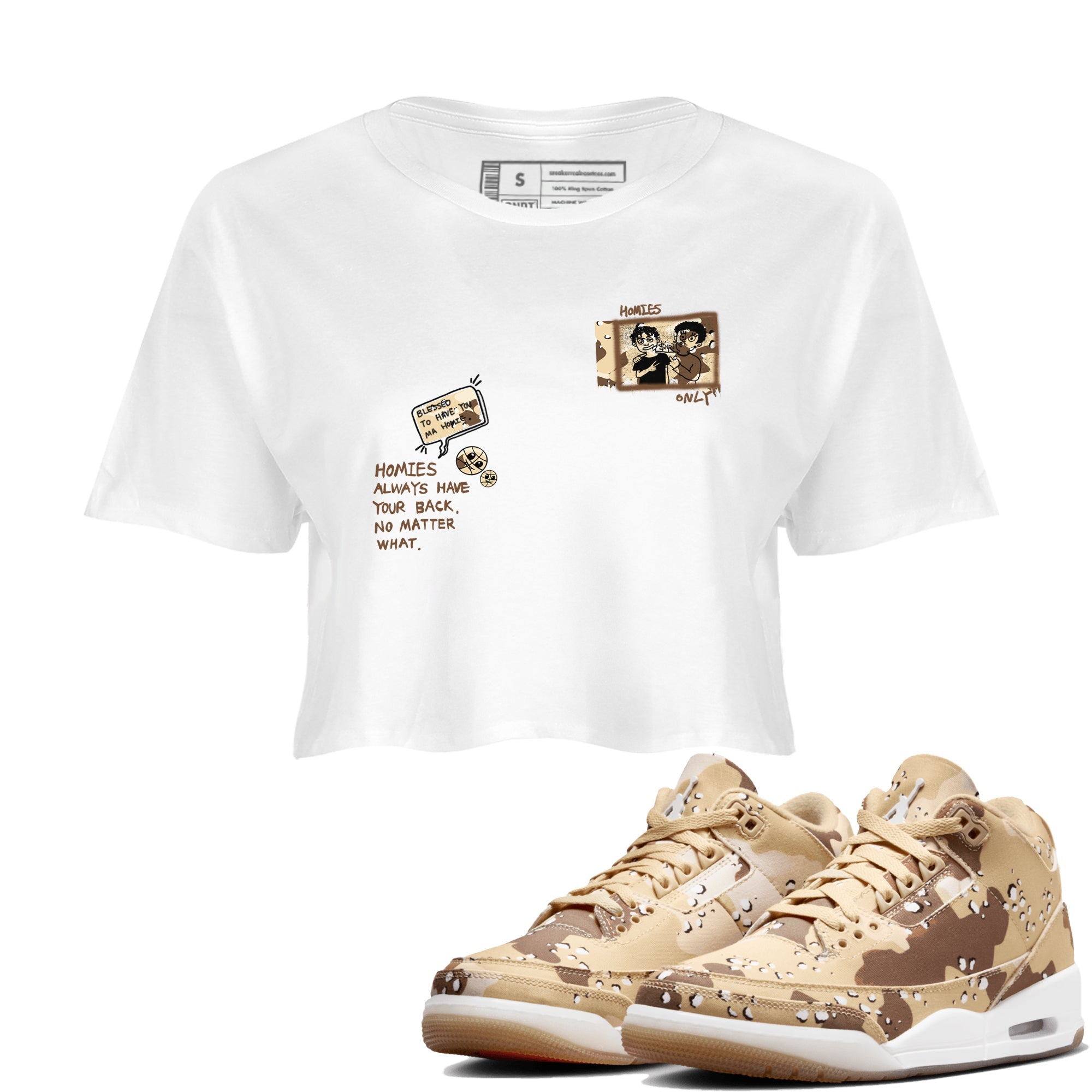 AJ3 Desert Camo shirts to match jordans Homies Only sneaker match tees Air Jordan 3 Desert Camo SNRT Sneaker Tees streetwear brand White 1 crop tee