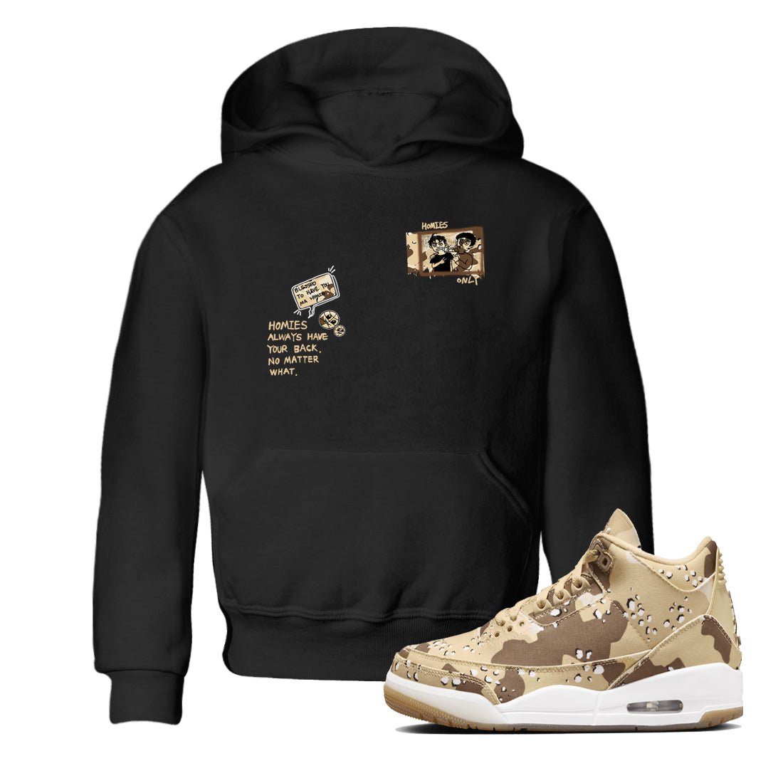 AJ3 Desert Camo shirts to match jordans Homies Only sneaker match tees Air Jordan 3 Desert Camo SNRT Sneaker Tees streetwear brand Baby and Youth Black 1 cotton tee