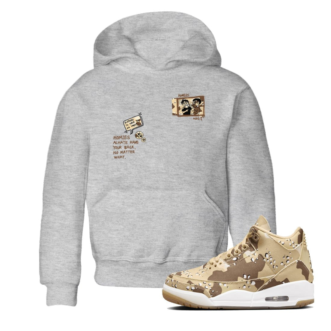 AJ3 Desert Camo shirts to match jordans Homies Only sneaker match tees Air Jordan 3 Desert Camo SNRT Sneaker Tees streetwear brand Baby and Youth Heather Grey 1 cotton tee