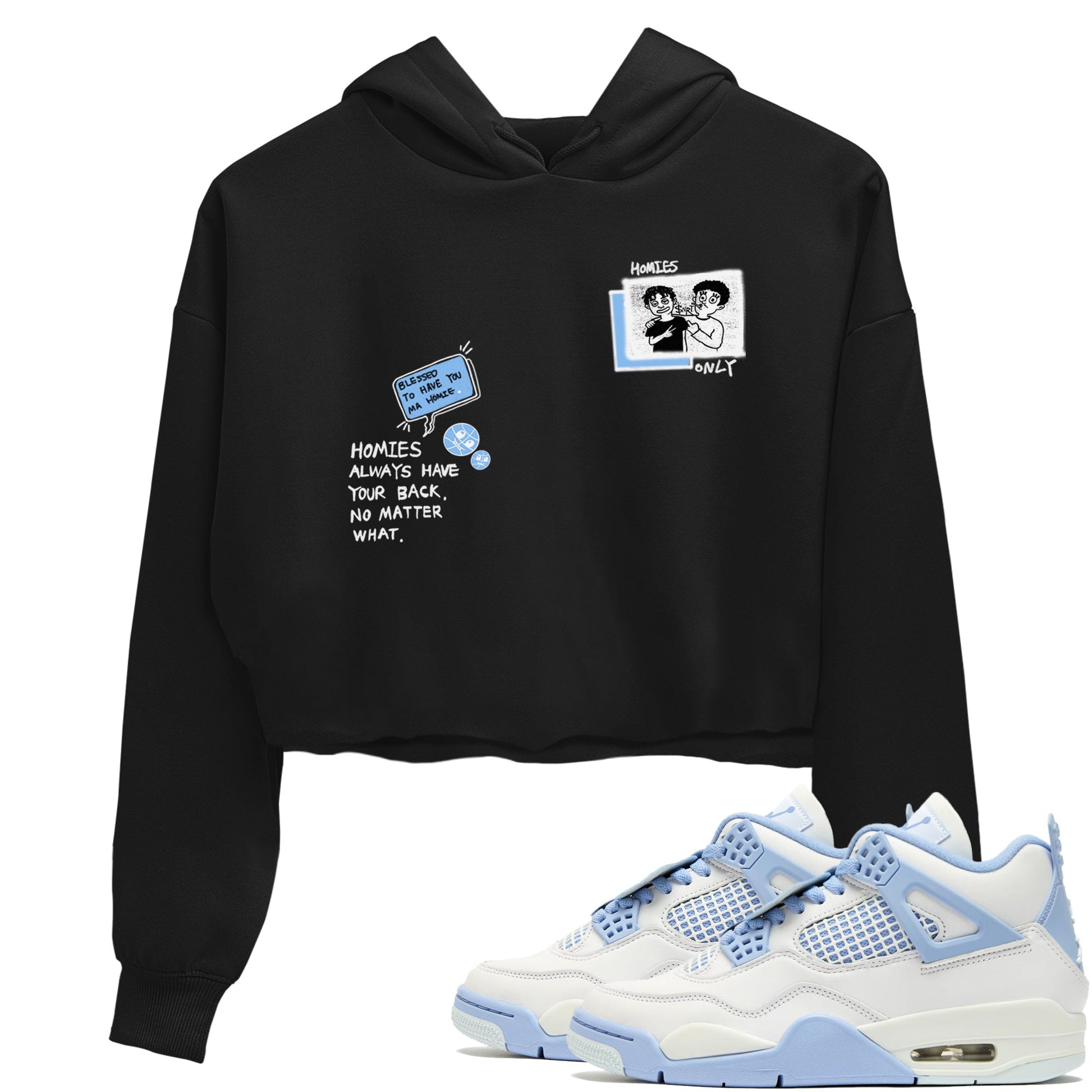 Homies Only womens crop tee made to vibe with the Air Jordan 4 Aluminum sneakers — the perfect match in Black 1.