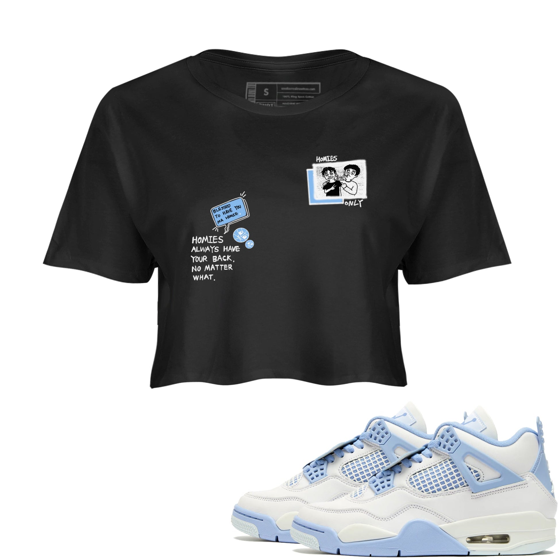 Homies Only womens crop tee made to vibe with the Air Jordan 4 Aluminum sneakers — the perfect match in Black 1.