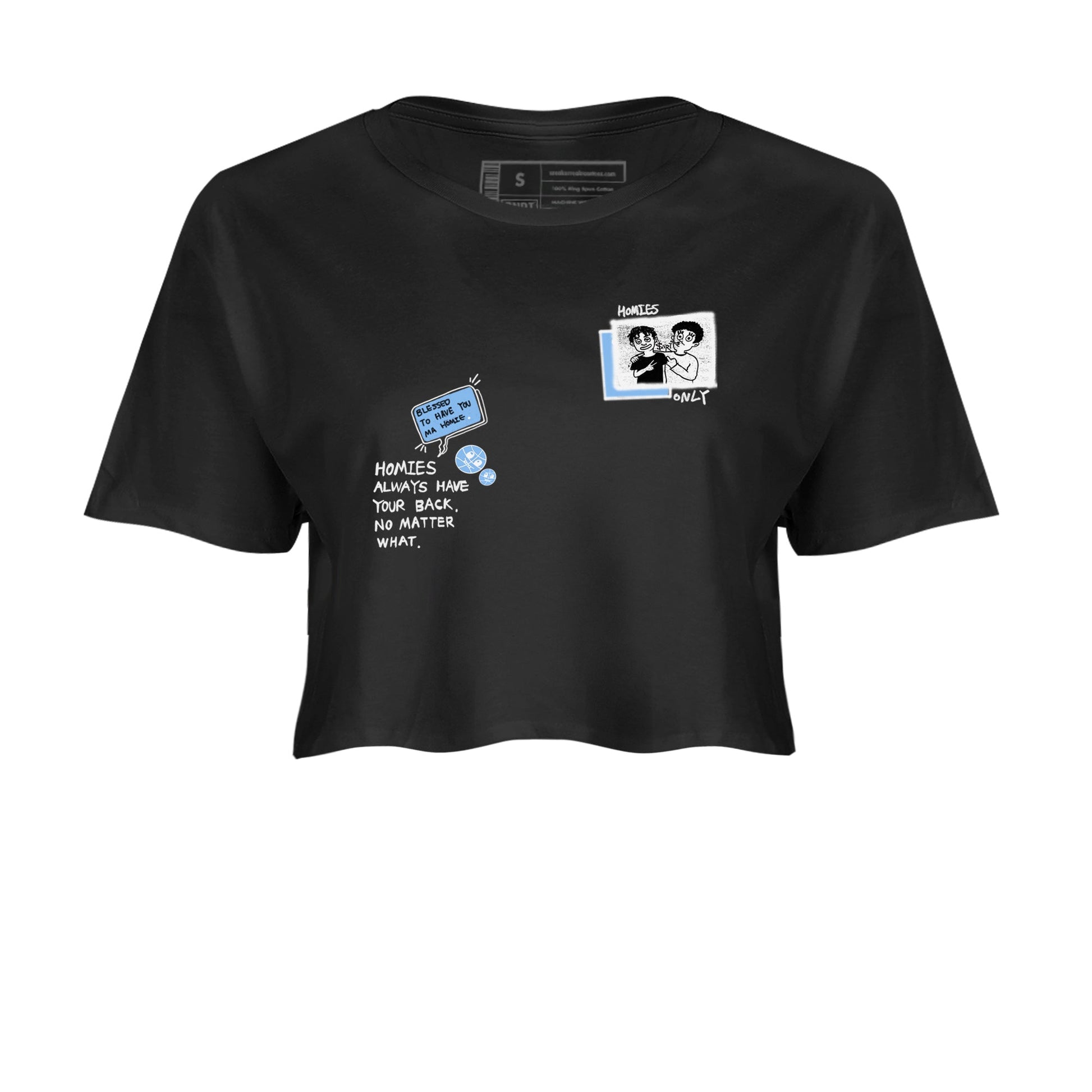 Homies Only womens crop tee made to vibe with the Air Jordan 4 Aluminum sneakers — the perfect match in Black 2.