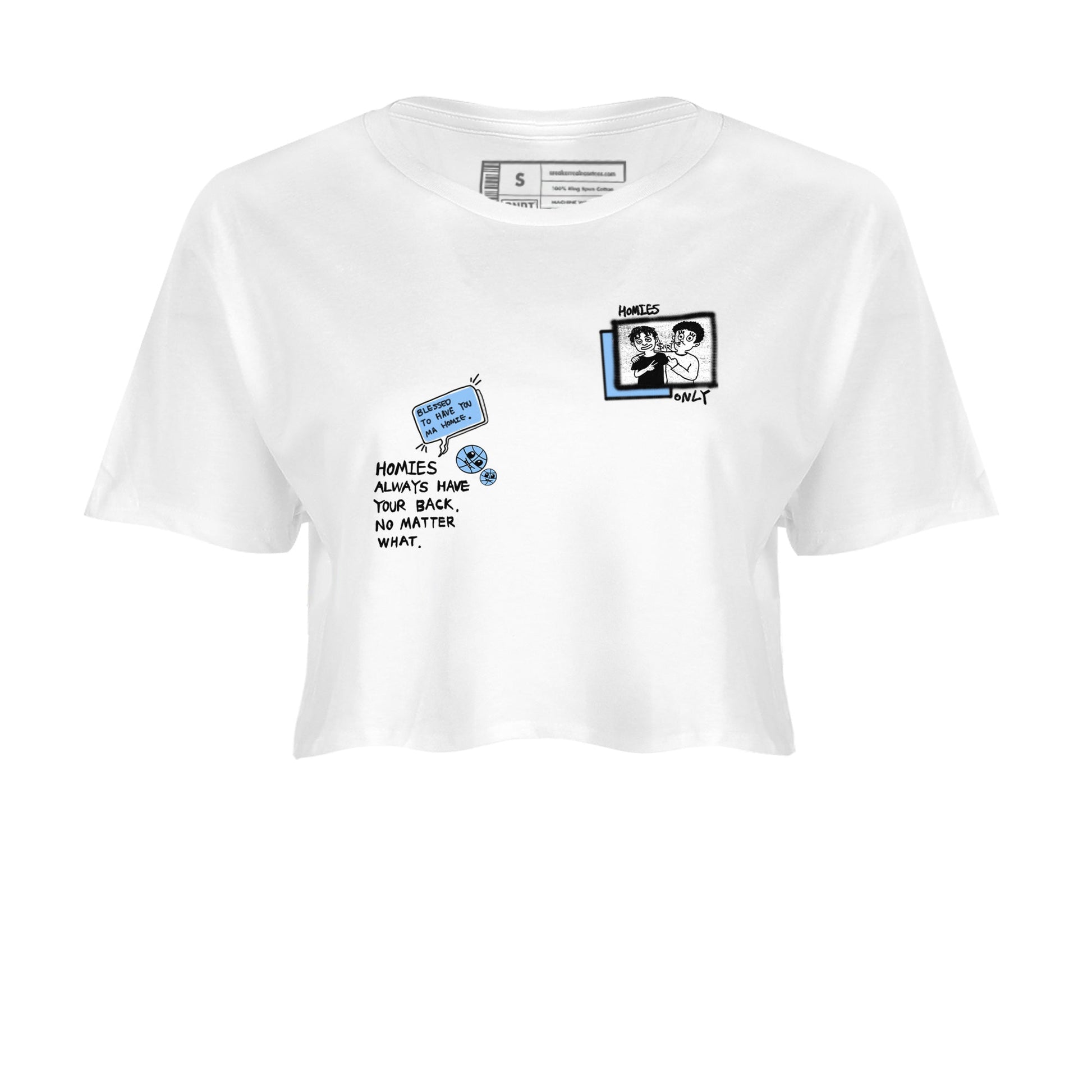 Homies Only womens crop tee made to vibe with the Air Jordan 4 Aluminum sneakers — the perfect match in White 2.