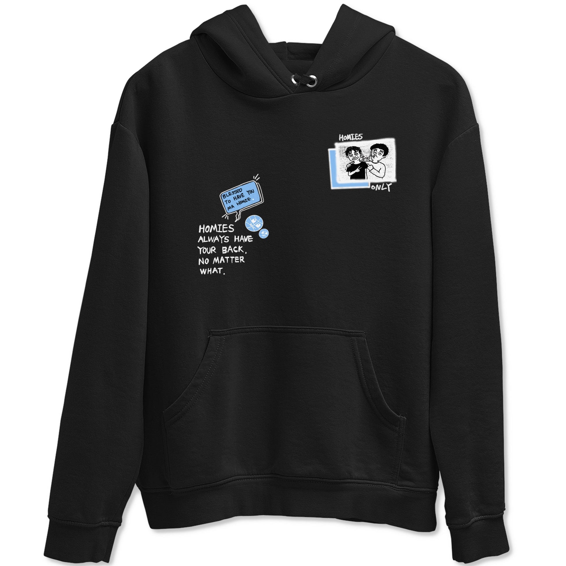 Homies Only sneaker match t-shirt styled to complete your fit with the Air Jordan 4 Aluminum sneakers, shown in Black 2.