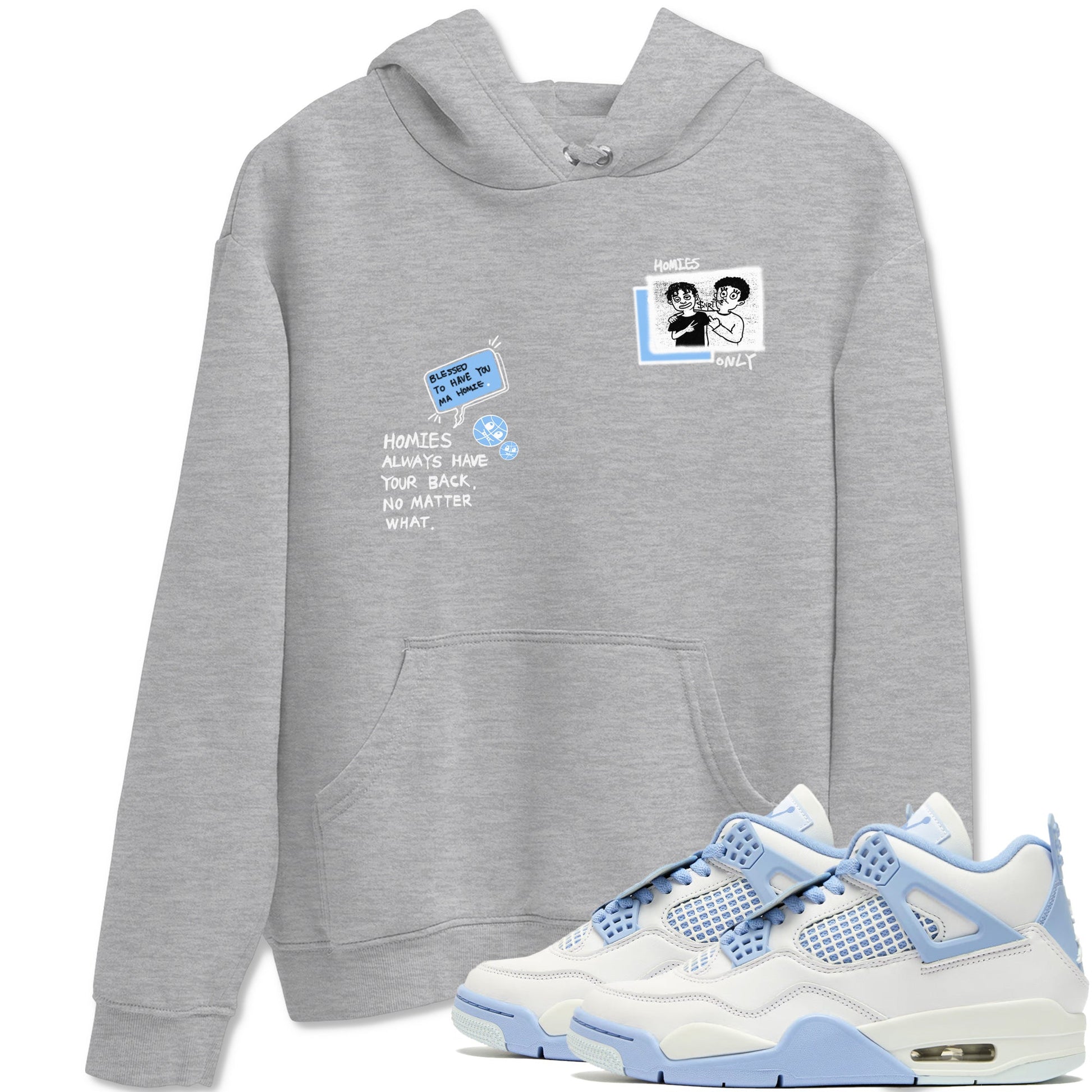Homies Only sneaker match t-shirt styled to complete your fit with the Air Jordan 4 Aluminum sneakers, shown in Heather Grey 1.