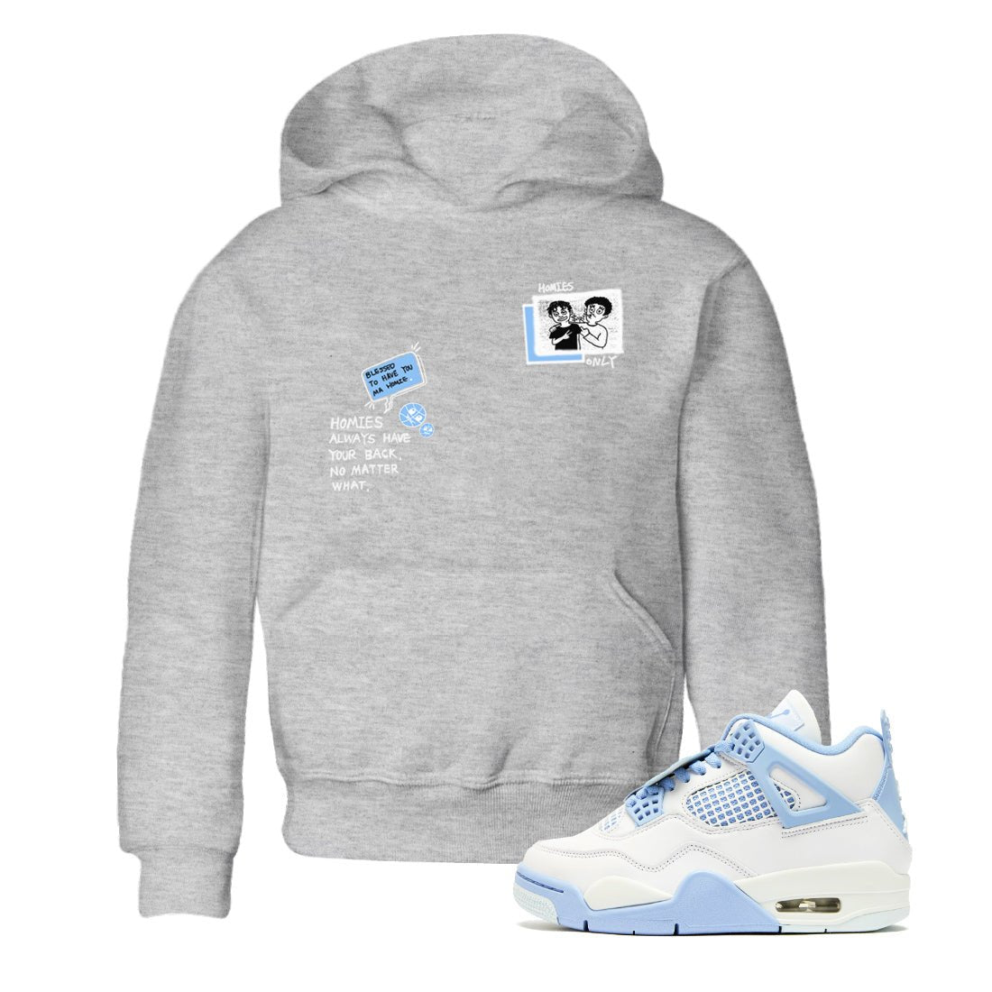 Homies Only baby and kids t-shirt crafted for little sneakerheads to shine with the Air Jordan 4 Aluminum sneakers, displayed in Heather Grey 1.
