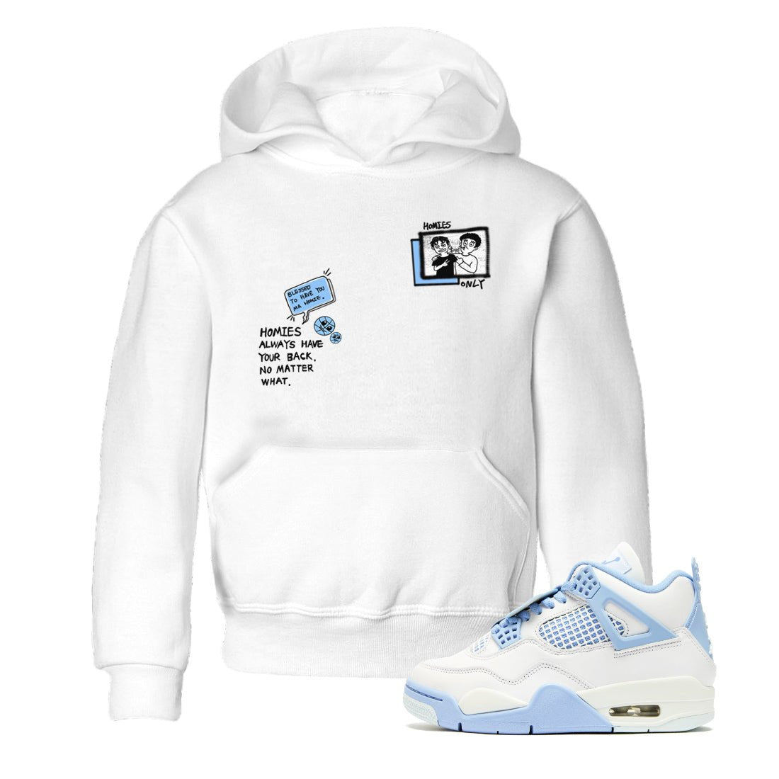 Homies Only baby and kids t-shirt crafted for little sneakerheads to shine with the Air Jordan 4 Aluminum sneakers, displayed in White 1.