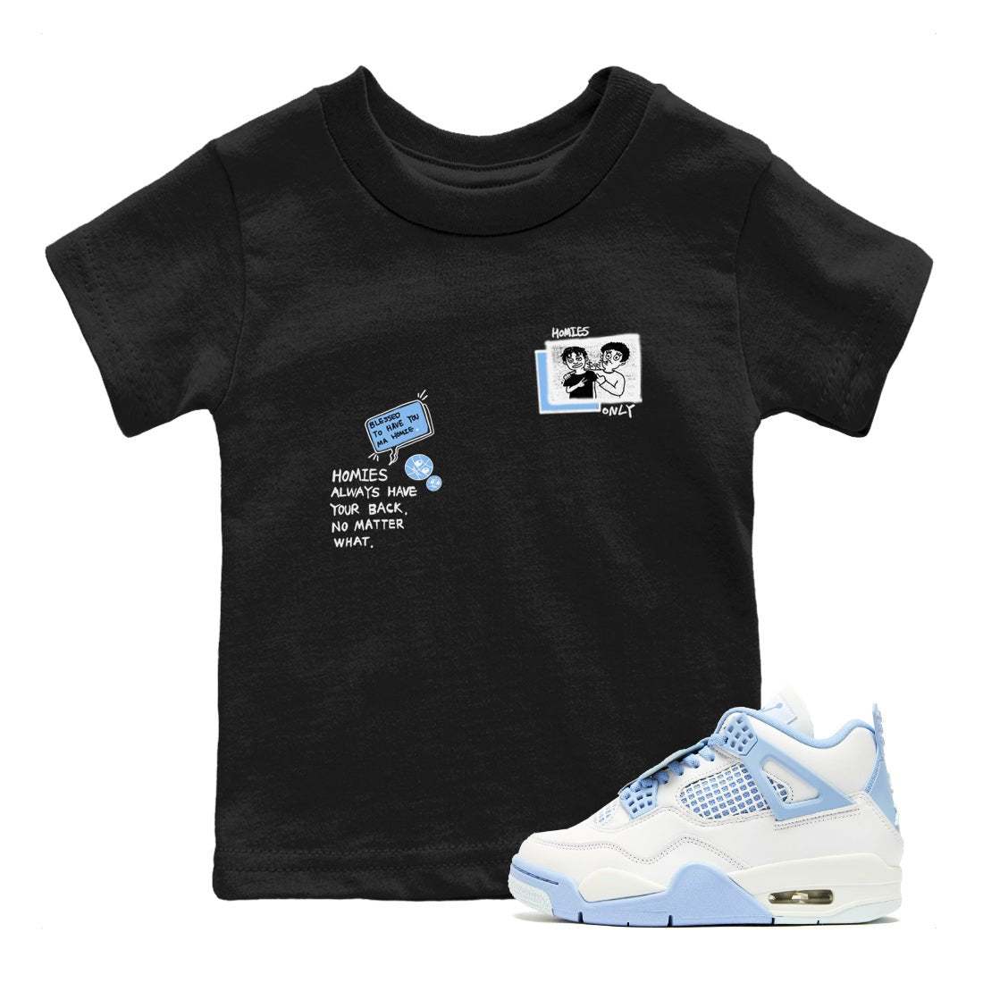 Homies Only baby and kids t-shirt crafted for little sneakerheads to shine with the Air Jordan 4 Aluminum sneakers, displayed in Black 1.