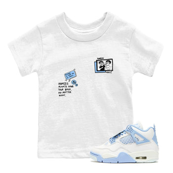 Homies Only baby and kids t-shirt crafted for little sneakerheads to shine with the Air Jordan 4 Aluminum sneakers, displayed in White 1.