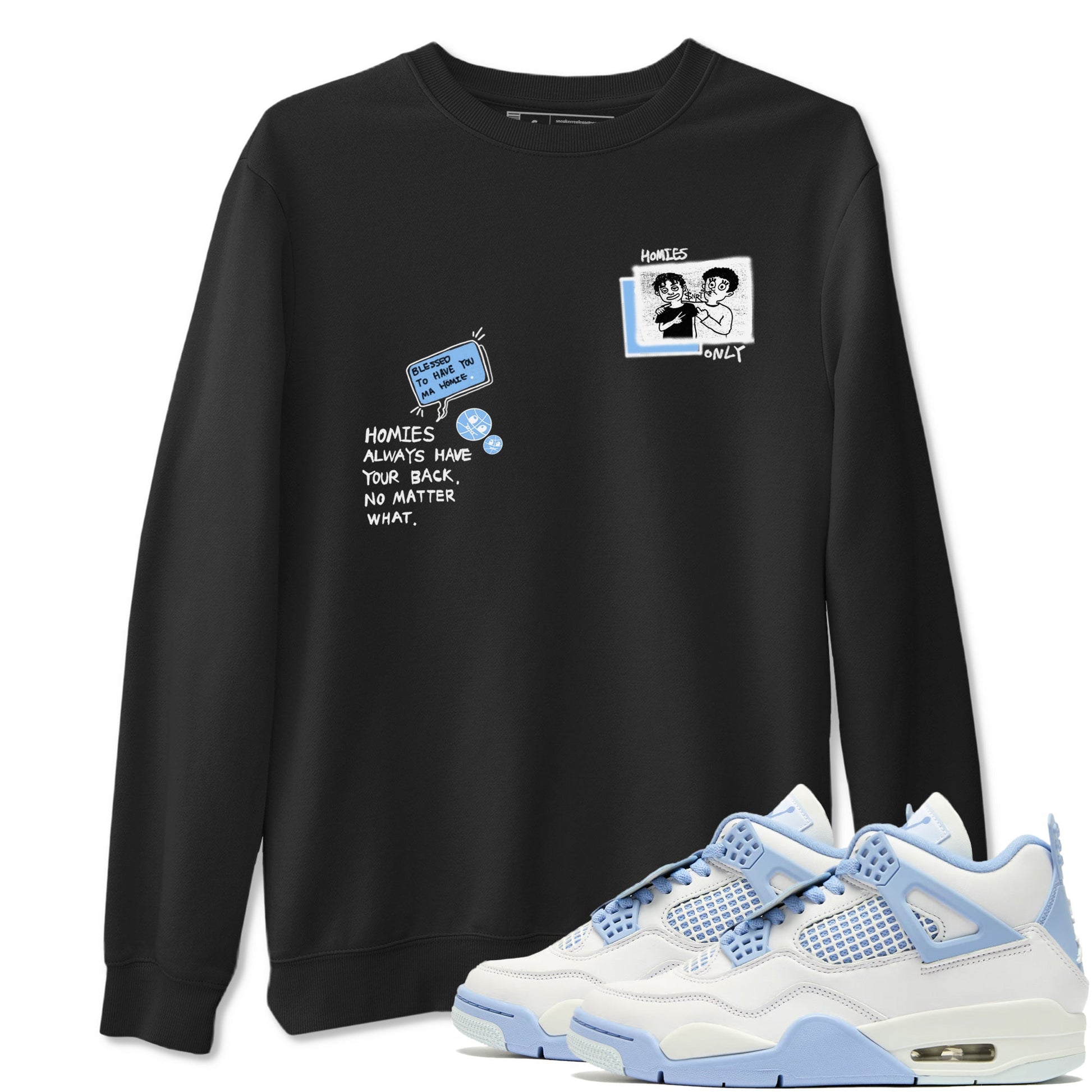 Homies Only sneaker match t-shirt styled to complete your fit with the Air Jordan 4 Aluminum sneakers, shown in Black 1.