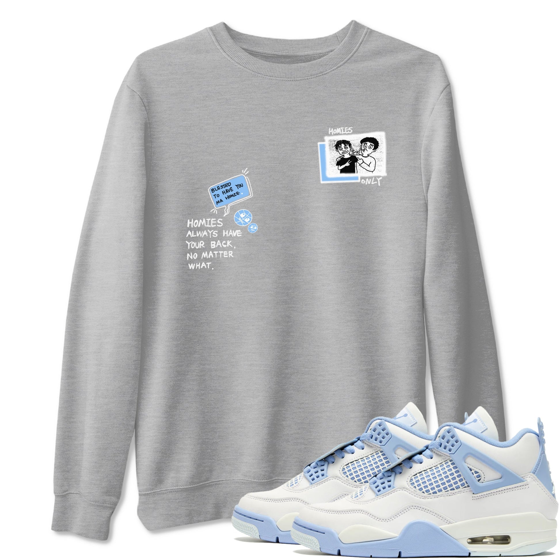 Homies Only sneaker match t-shirt styled to complete your fit with the Air Jordan 4 Aluminum sneakers, shown in Heather Grey 1.