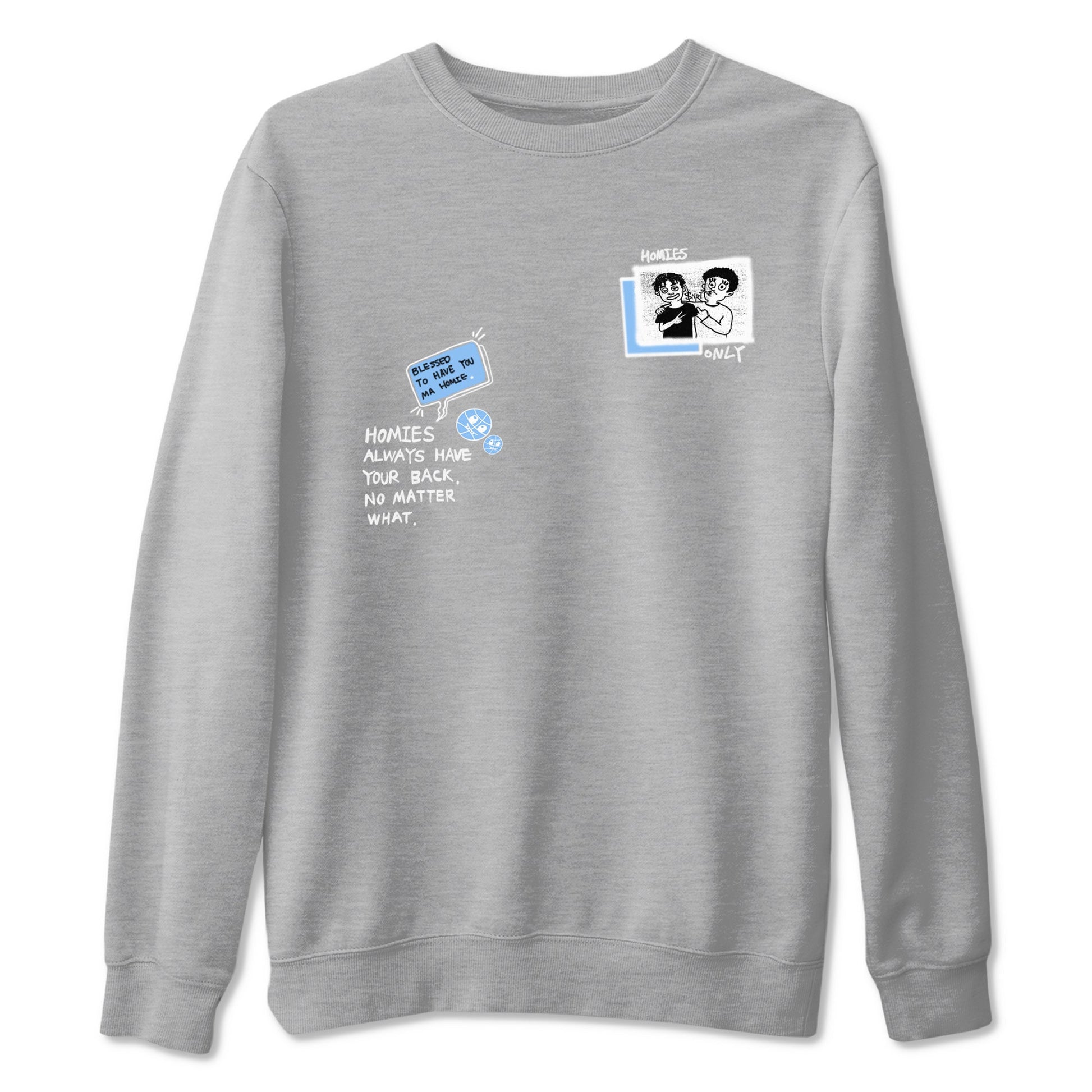 Homies Only sneaker match t-shirt styled to complete your fit with the Air Jordan 4 Aluminum sneakers, shown in Heather Grey 2.