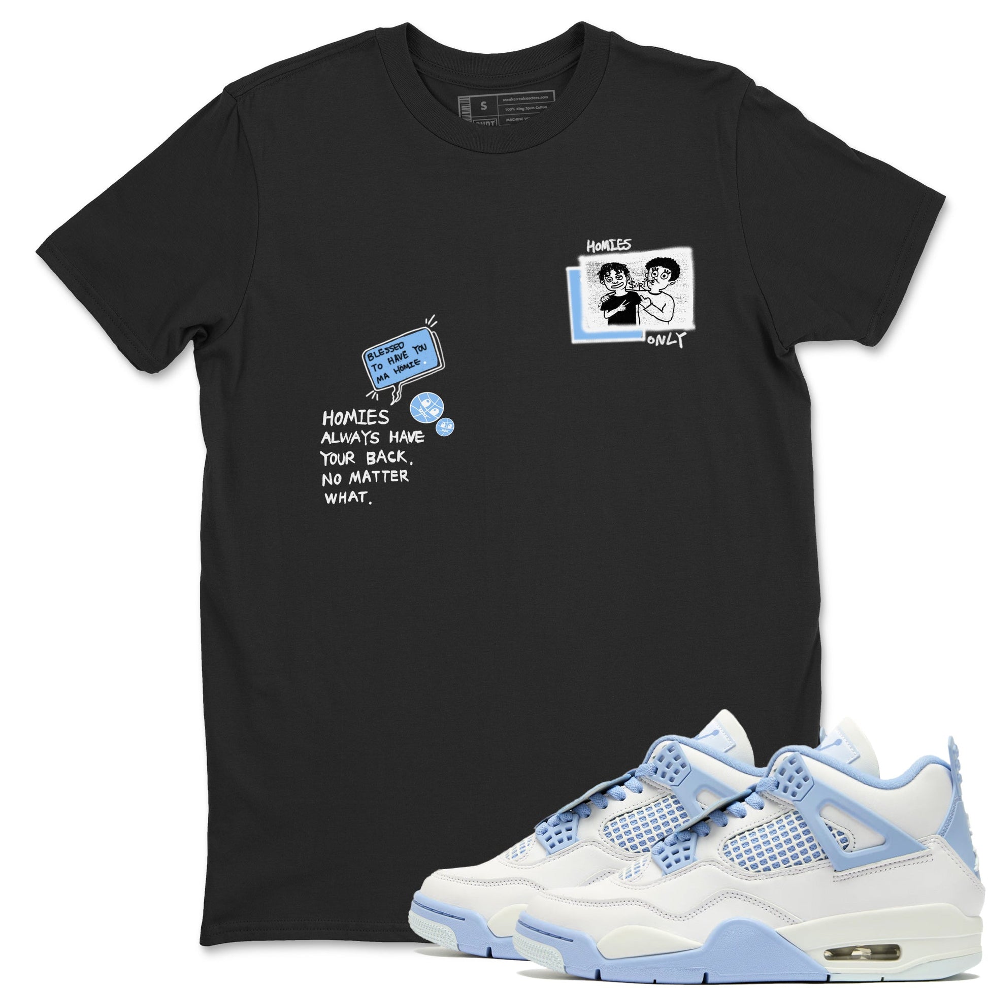 Homies Only sneaker match t-shirt styled to complete your fit with the Air Jordan 4 Aluminum sneakers, shown in Black 1.