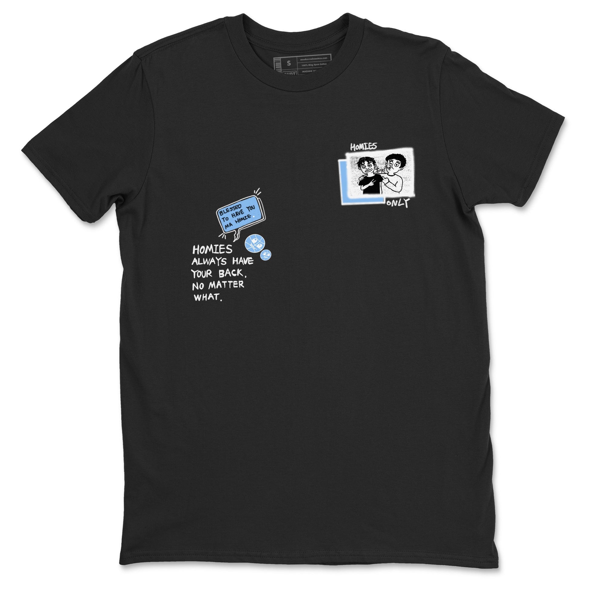 Homies Only sneaker match t-shirt styled to complete your fit with the Air Jordan 4 Aluminum sneakers, shown in Black 2.