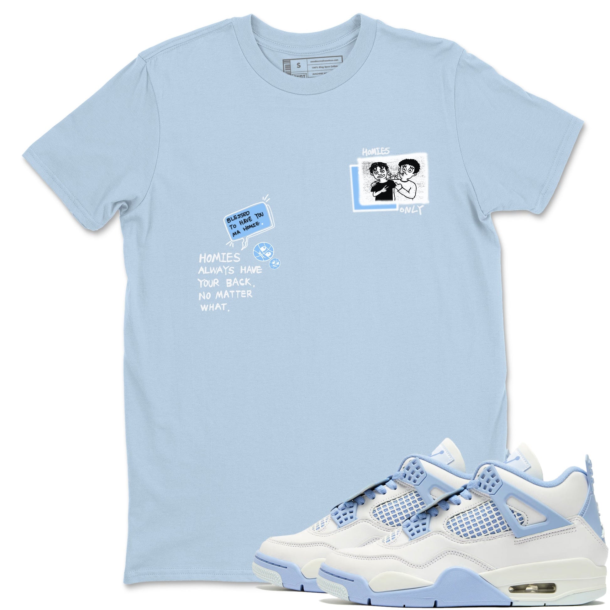 Homies Only sneaker match t-shirt styled to complete your fit with the Air Jordan 4 Aluminum sneakers, shown in Light Blue 1.