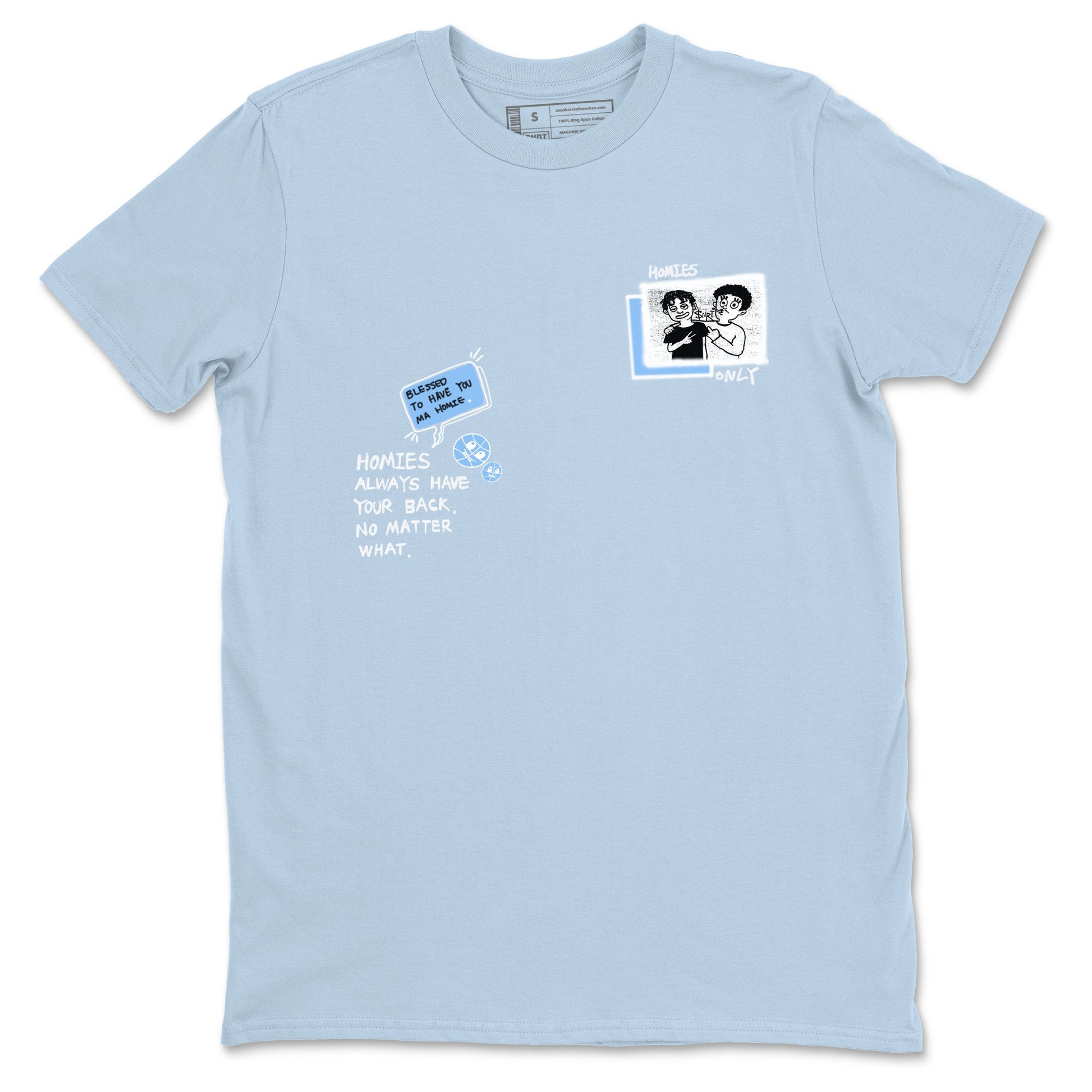 Homies Only sneaker match t-shirt styled to complete your fit with the Air Jordan 4 Aluminum sneakers, shown in Light Blue 2.