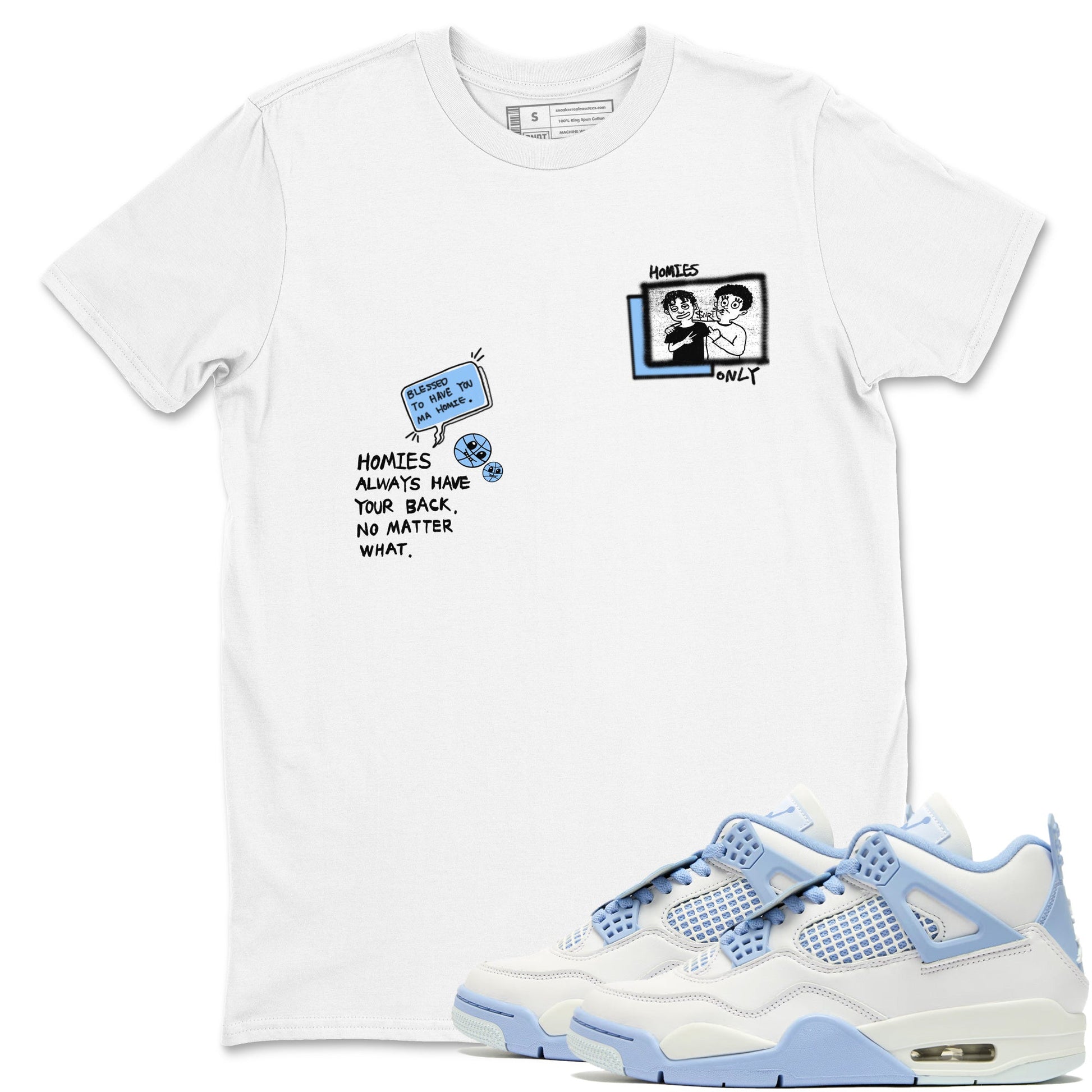 Homies Only sneaker match t-shirt styled to complete your fit with the Air Jordan 4 Aluminum sneakers, shown in White 1.