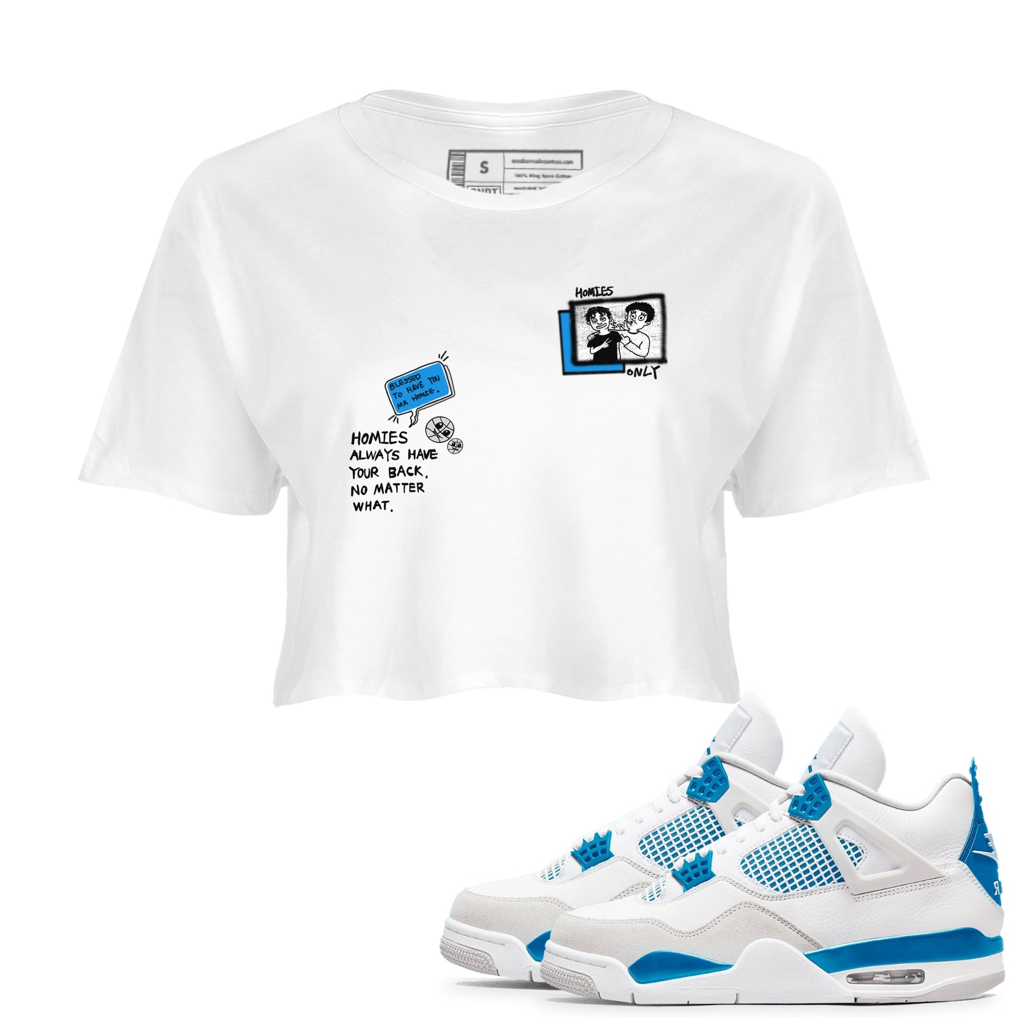 4s Military Blue shirt to match jordans Homies Only sneaker tees Air Jordan 4 Military Blue SNRT Sneaker Release Tees White 1 crop length shirt