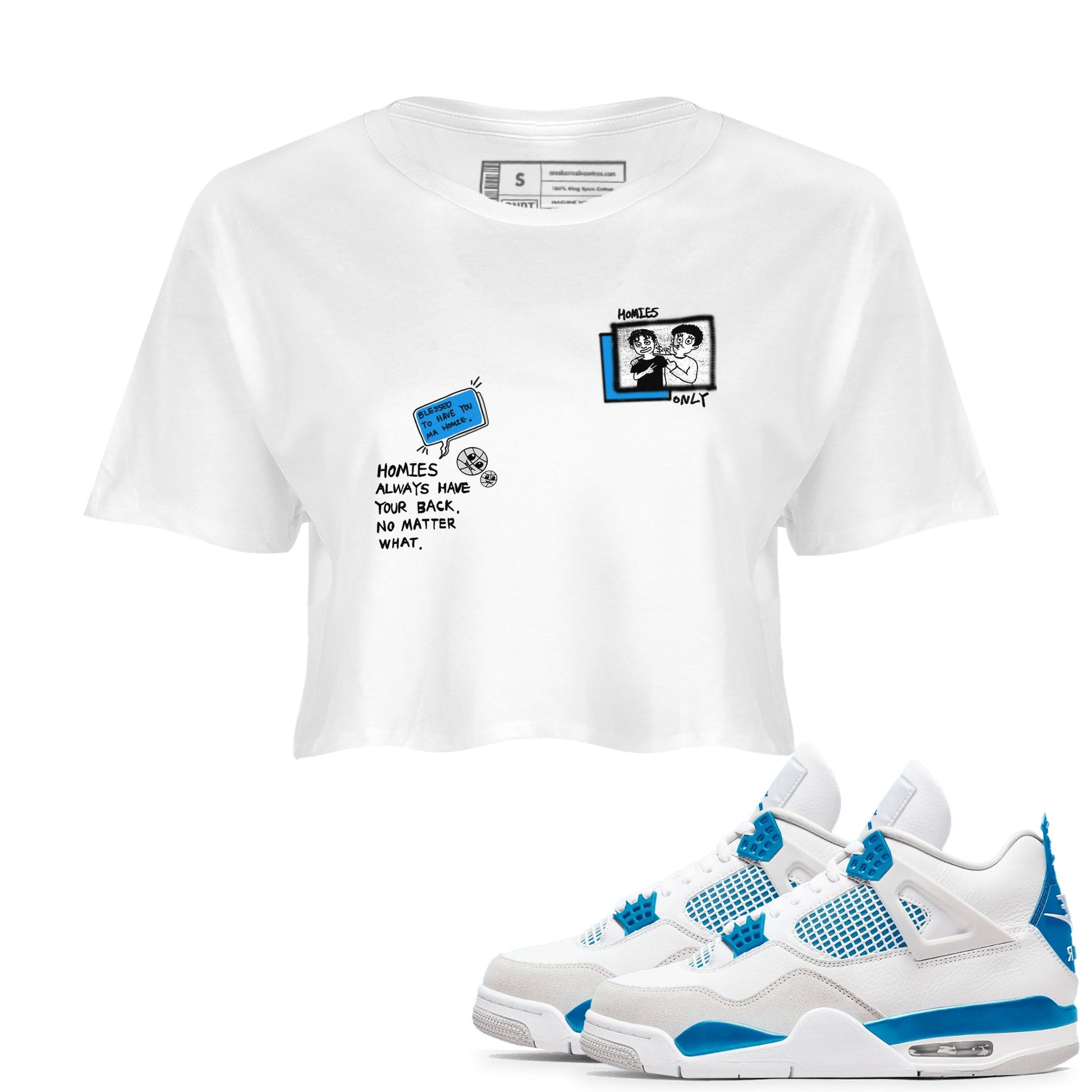 4s Military Blue shirt to match jordans Homies Only sneaker tees Air Jordan 4 Military Blue SNRT Sneaker Release Tees White 1 crop length shirt