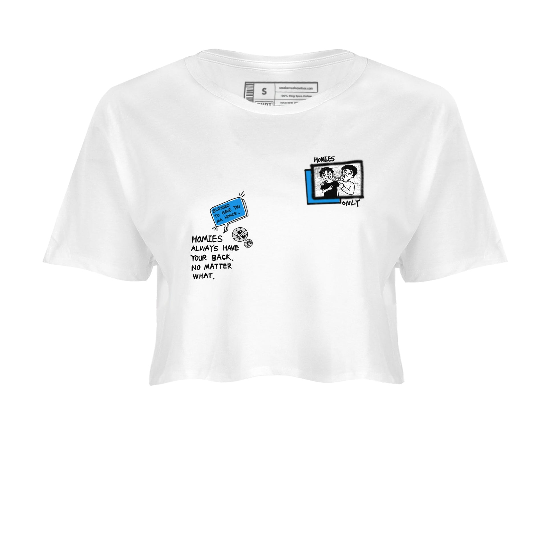 4s Military Blue shirt to match jordans Homies Only sneaker tees Air Jordan 4 Military Blue SNRT Sneaker Release Tees White 2 crop length shirt