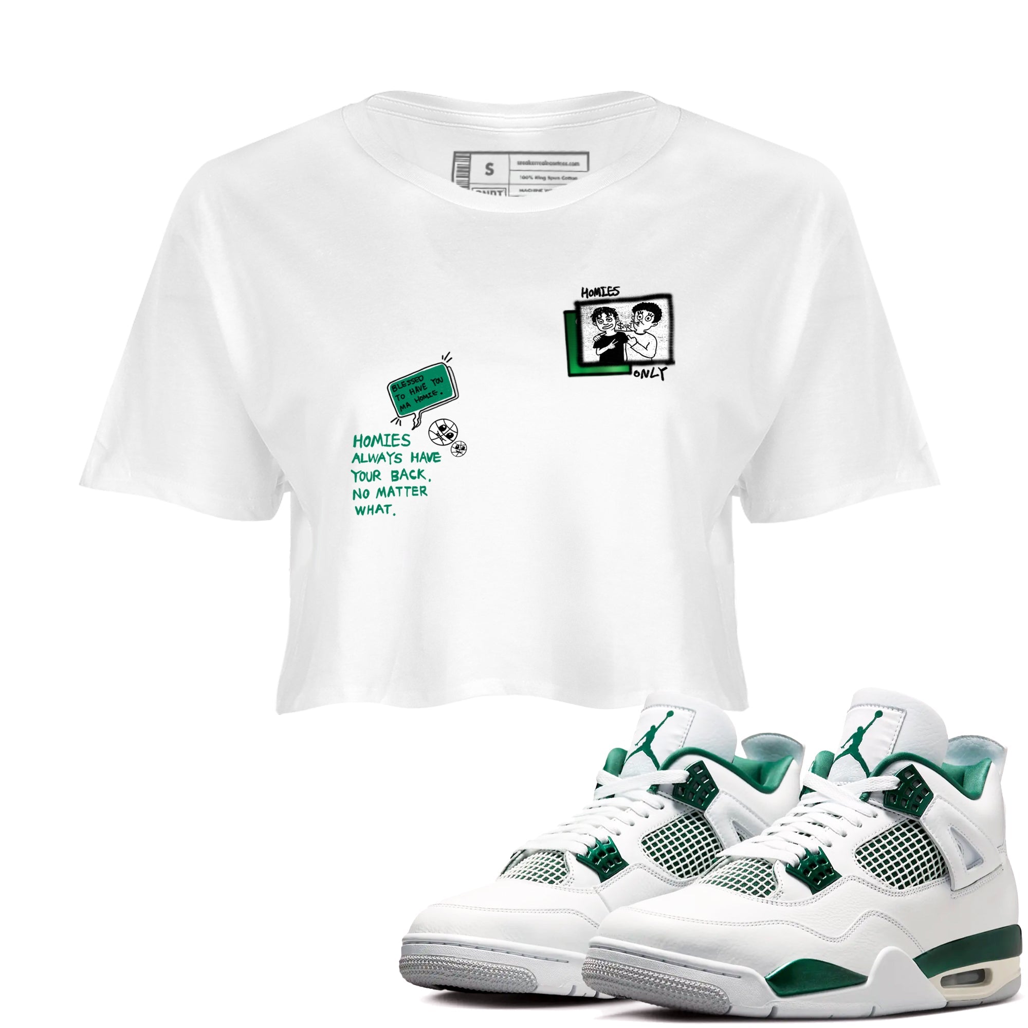 4s Oxidized Green shirts to match jordans Homies Only sneaker match tees Air Jordan 4 Oxidized Green SNRT Sneaker Tees streetwear brand White 1 crop tee