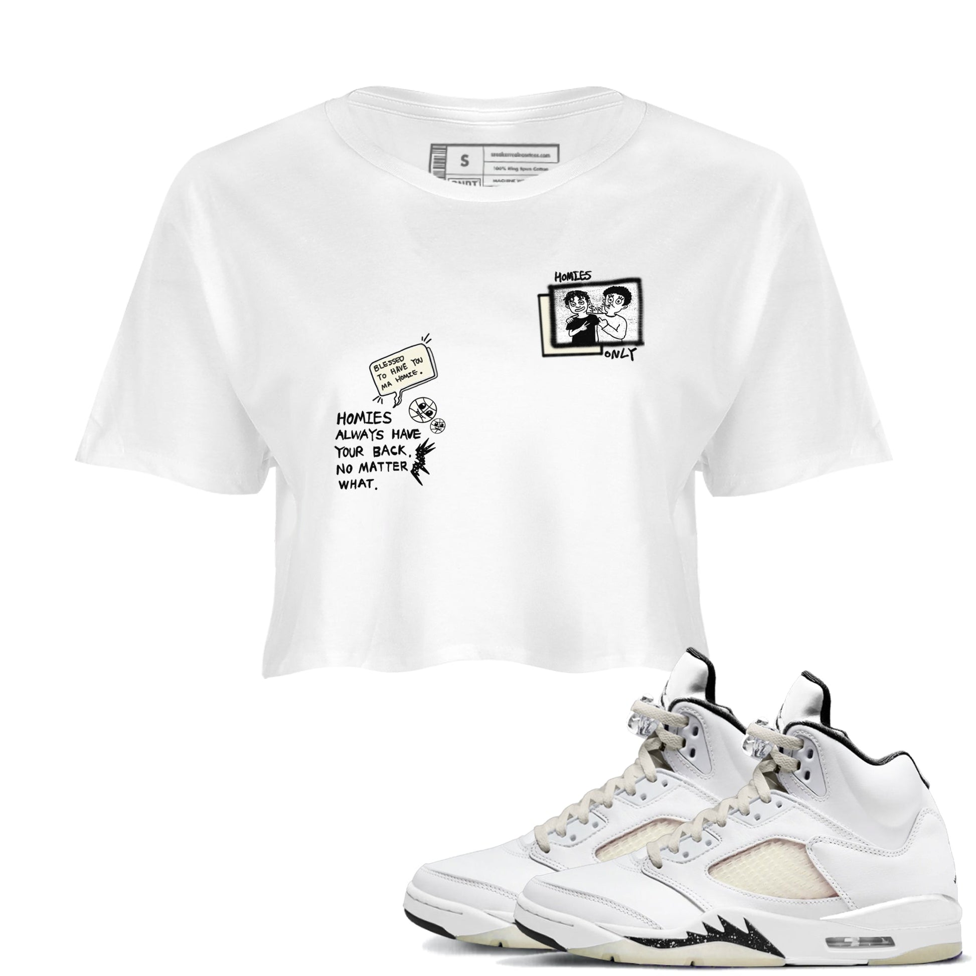 AJ5 Sail shirt to match jordans Homies Only sneaker tees Air Jordan 5 Sail SNRT Sneaker Release Tees White 1 crop length shirt