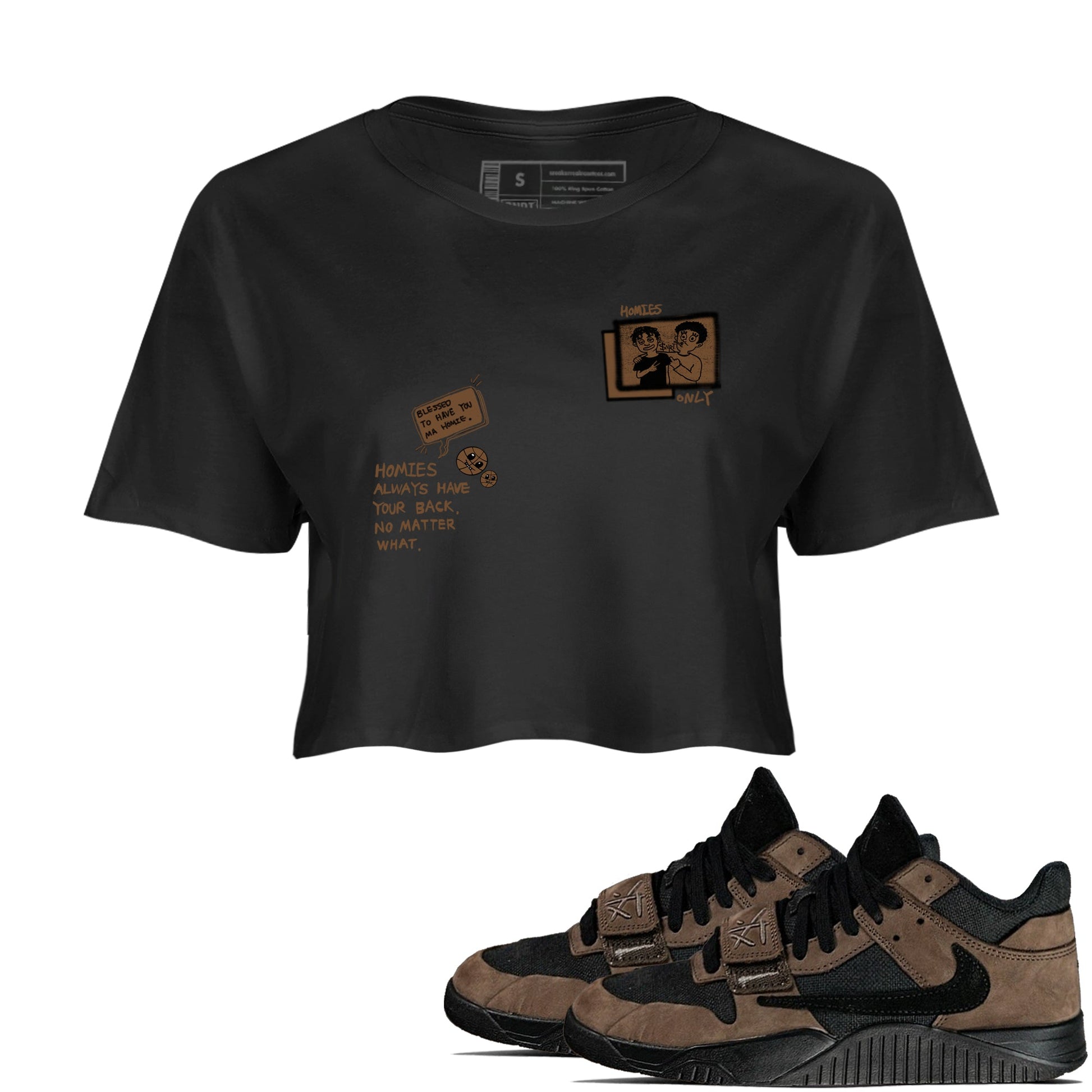 Jordan Jumpman Jack TR Travis Scott Dark Mocha shirts to match jordans Homies Only sneaker match tees Jordan Jumpman Jack Travis Scott Dark Mocha match shoes to clothes SNRT Sneaker Tees unisex cotton Black 1 crop tee