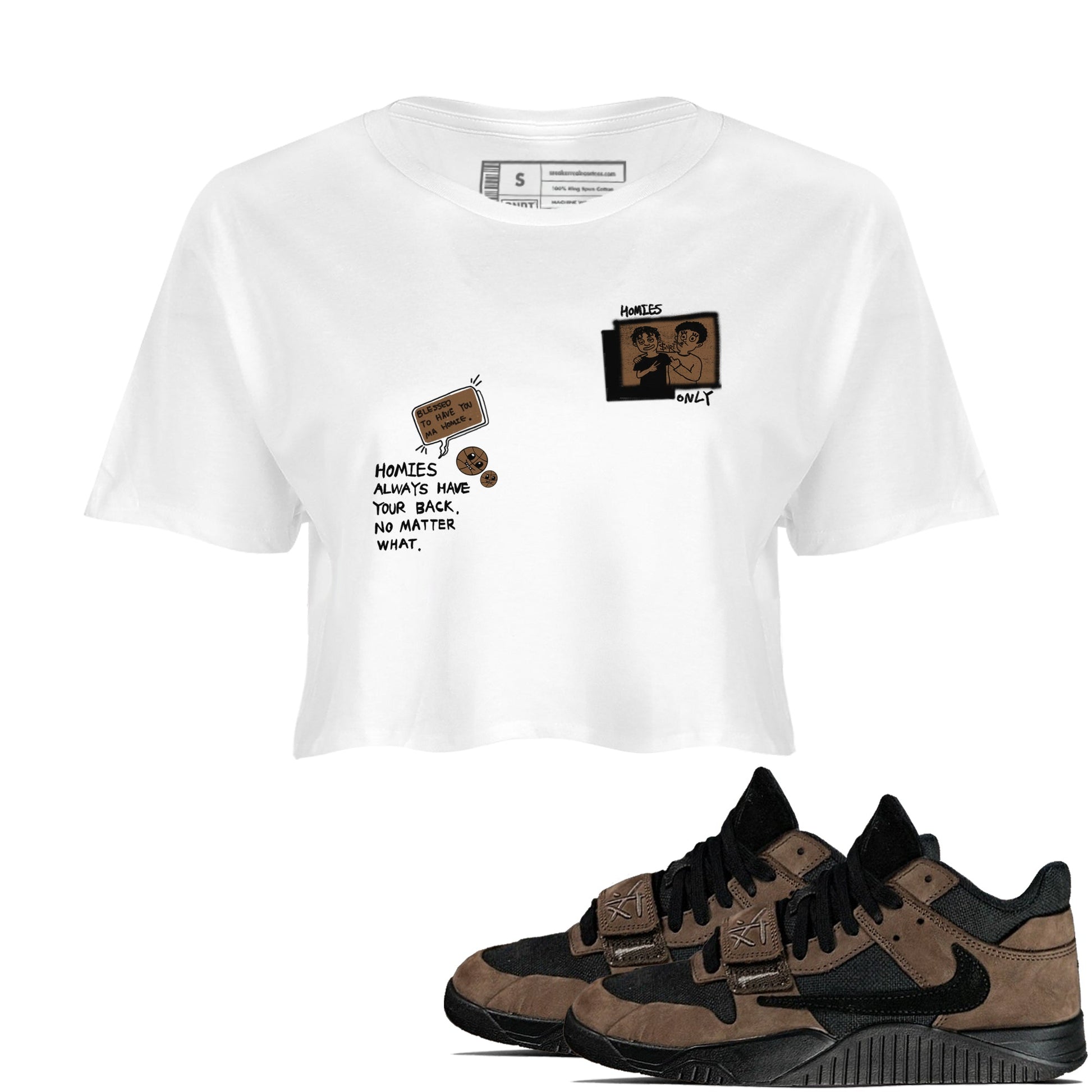 Jordan Jumpman Jack TR Travis Scott Dark Mocha shirts to match jordans Homies Only sneaker match tees Jordan Jumpman Jack Travis Scott Dark Mocha match shoes to clothes SNRT Sneaker Tees unisex cotton White 1 crop tee