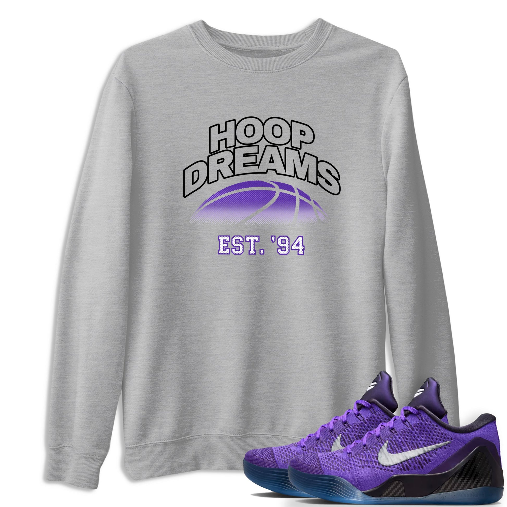 Sneaker Threads – Sneaker Tees To Match Nike KB 9 Hyper Grape – Hoop Dreams Graphic Tee Heather Grey 1. Perfect for Jordan releases 2025 colorways. Perfect for purple basketball sneaker releases and legacy-inspired colorways for 2025 hoopers.