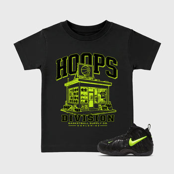 Sneaker match tees – Sneaker Tees To Match Air Foamposite Pro Black Shoes – Hoops Division Store Kids T-Shirt Black 1