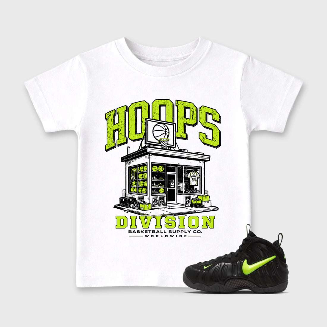 Sneaker match tees – Sneaker Tees To Match Air Foamposite Pro Black Shoes – Hoops Division Store Kids T-Shirt White 1