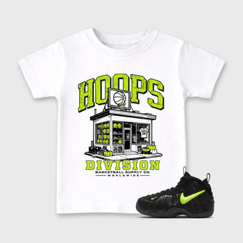 Sneaker match tees – Sneaker Tees To Match Air Foamposite Pro Black Shoes – Hoops Division Store Kids T-Shirt White 1