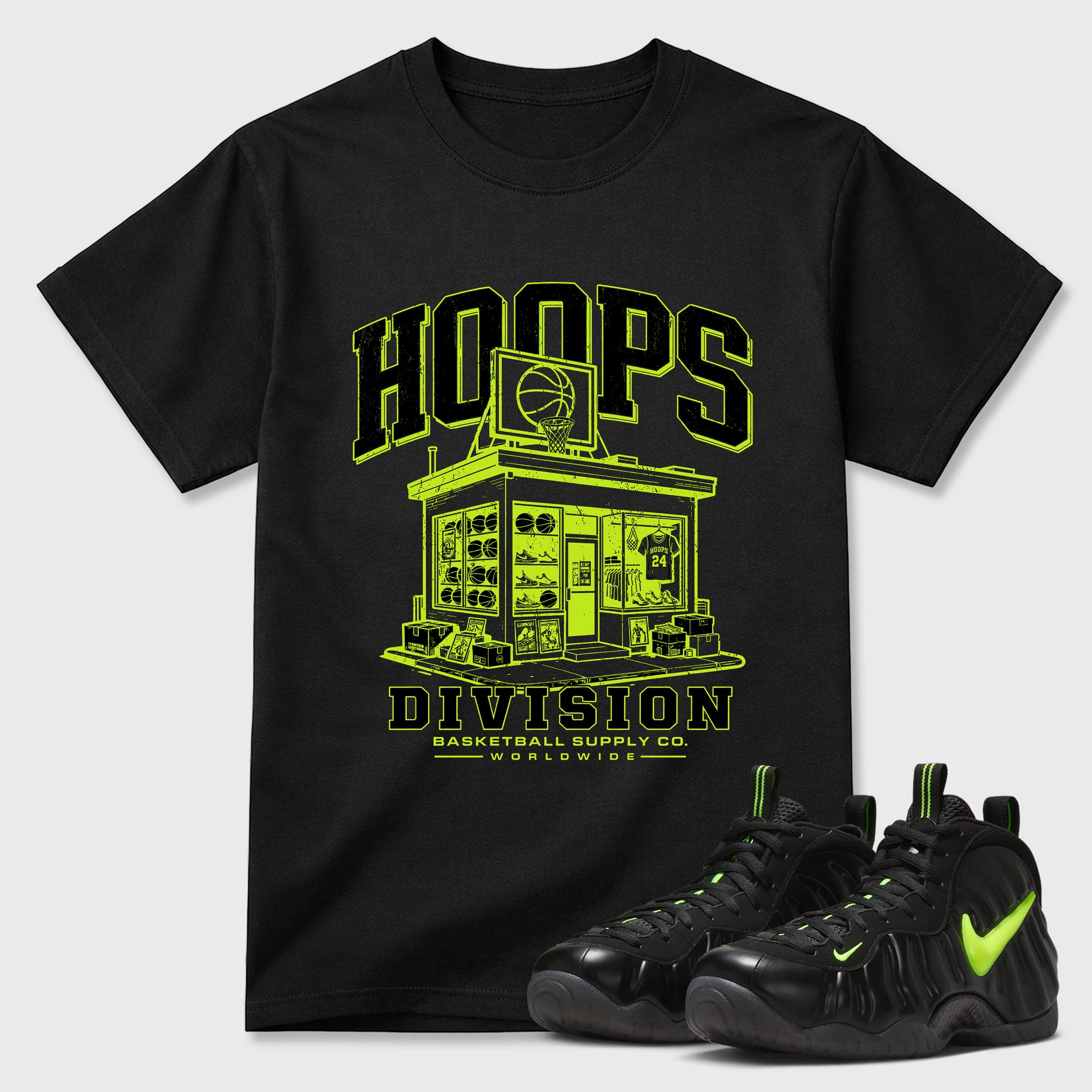Sneaker match tees – Sneaker Tees To Match Air Foamposite Pro Black Shoes – Hoops Division Store Tee Black 1