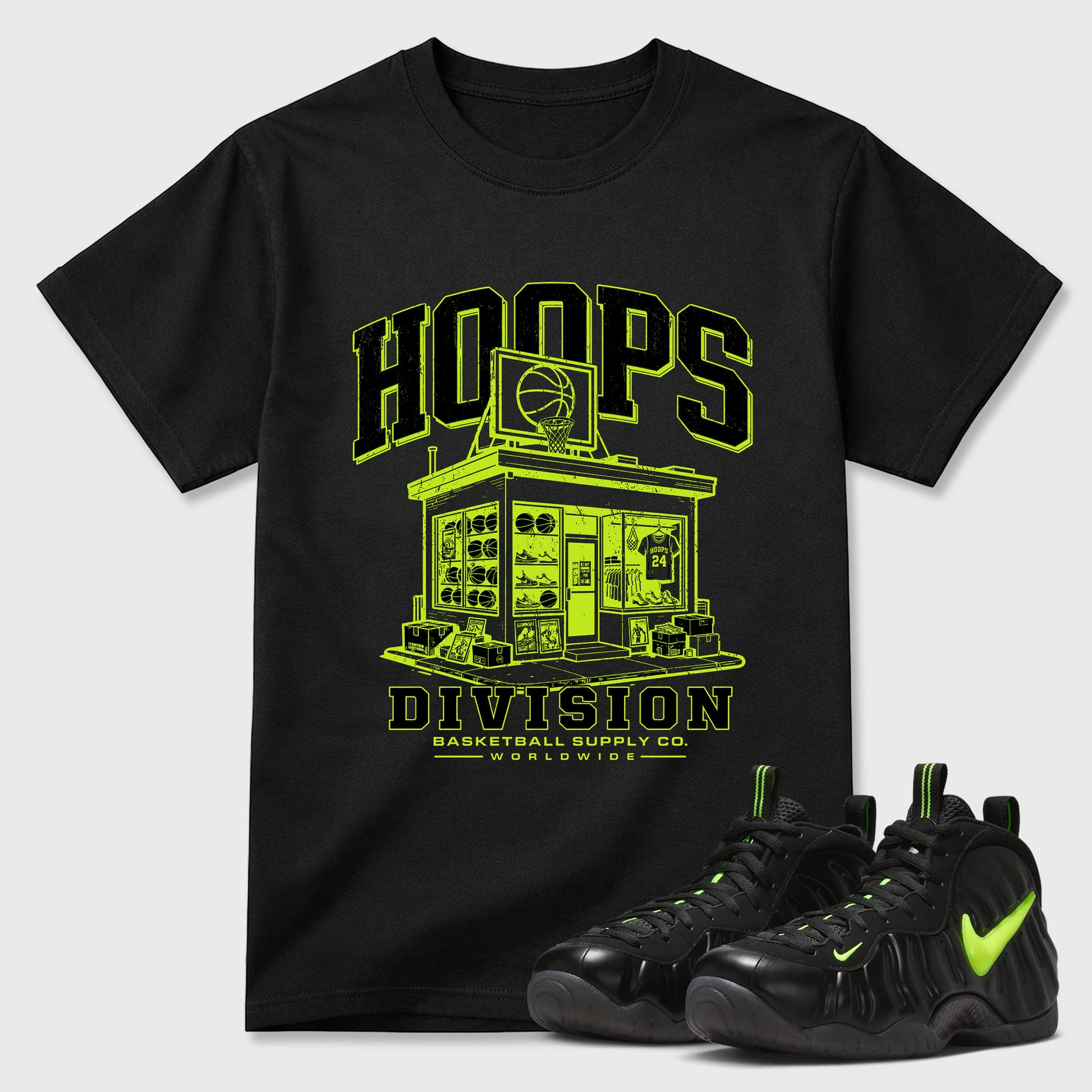 Sneaker match tees – Sneaker Tees To Match Air Foamposite Pro Black Shoes – Hoops Division Store Tee Black 1