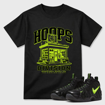 Sneaker match tees – Sneaker Tees To Match Air Foamposite Pro Black Shoes – Hoops Division Store Tee Black 1