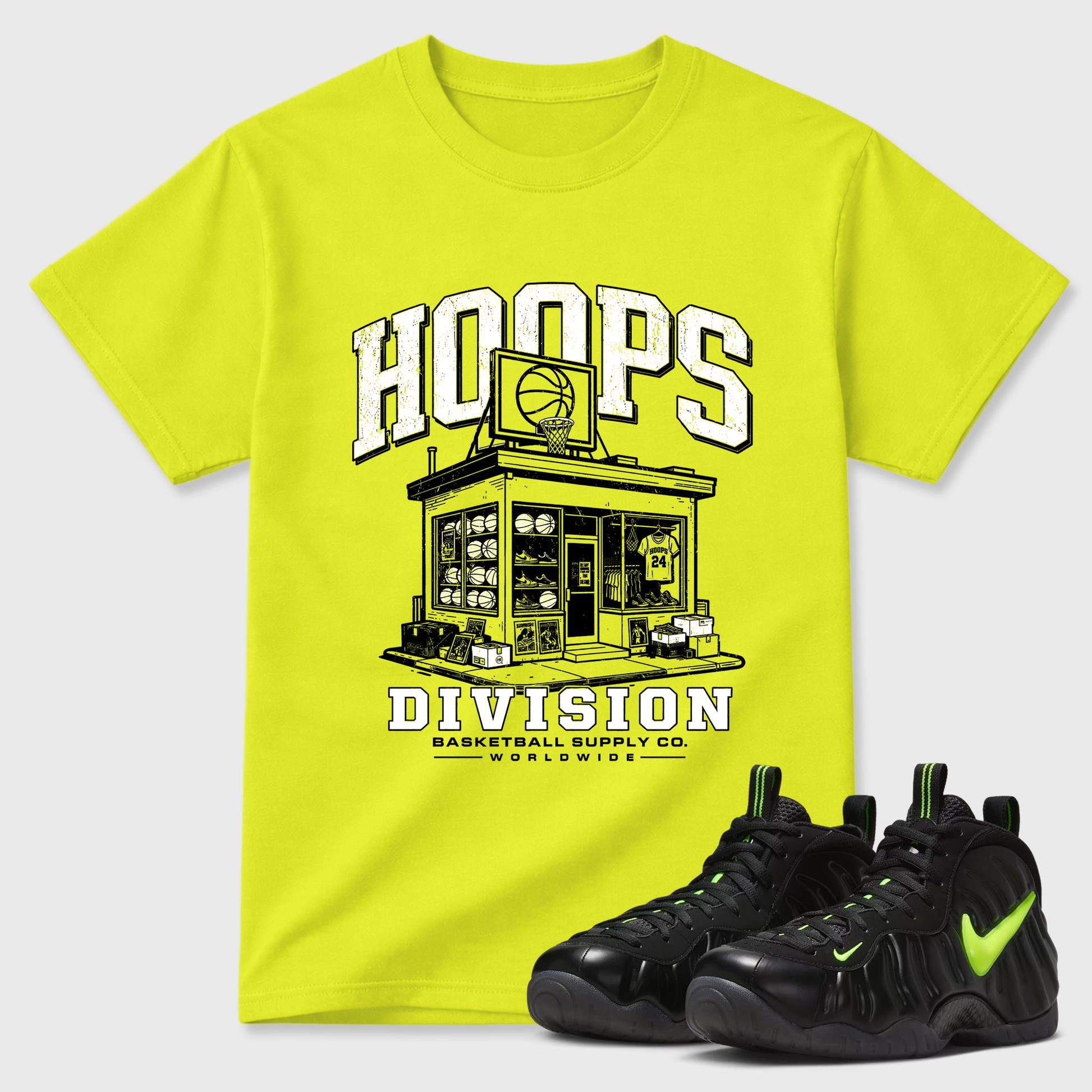 Sneaker match tees – Sneaker Tees To Match Air Foamposite Pro Black Shoes – Hoops Division Store Tee Safety Green 1