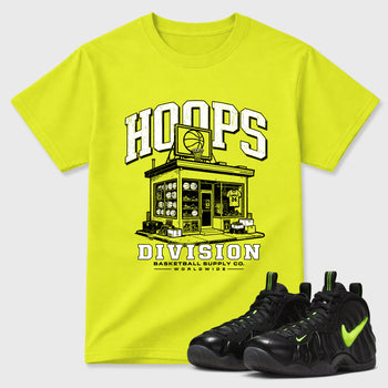 Sneaker match tees – Sneaker Tees To Match Air Foamposite Pro Black Shoes – Hoops Division Store Tee Safety Green 1