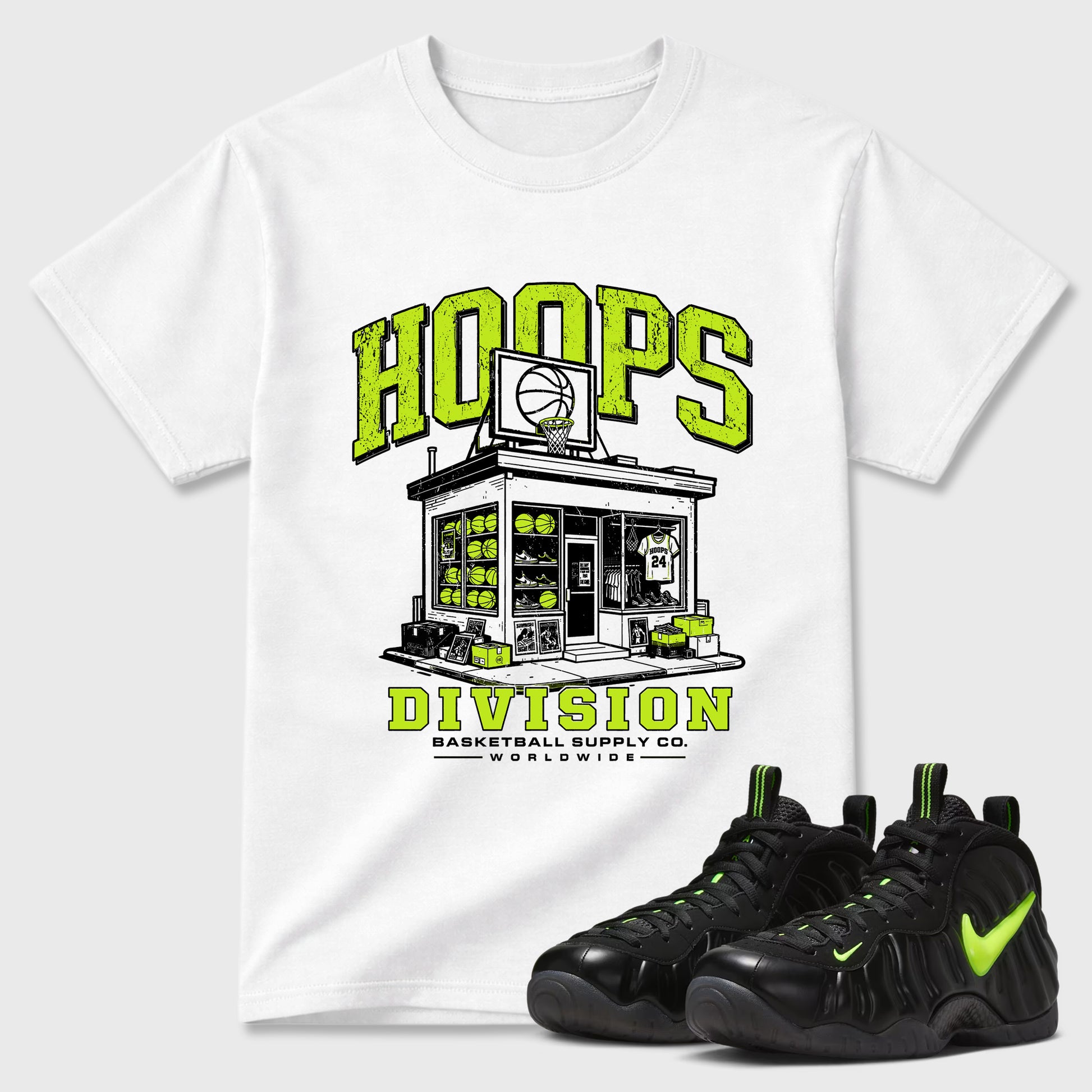 Sneaker match tees – Sneaker Tees To Match Air Foamposite Pro Black Shoes – Hoops Division Store Tee White 1