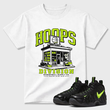 Sneaker match tees – Sneaker Tees To Match Air Foamposite Pro Black Shoes – Hoops Division Store Tee White 1