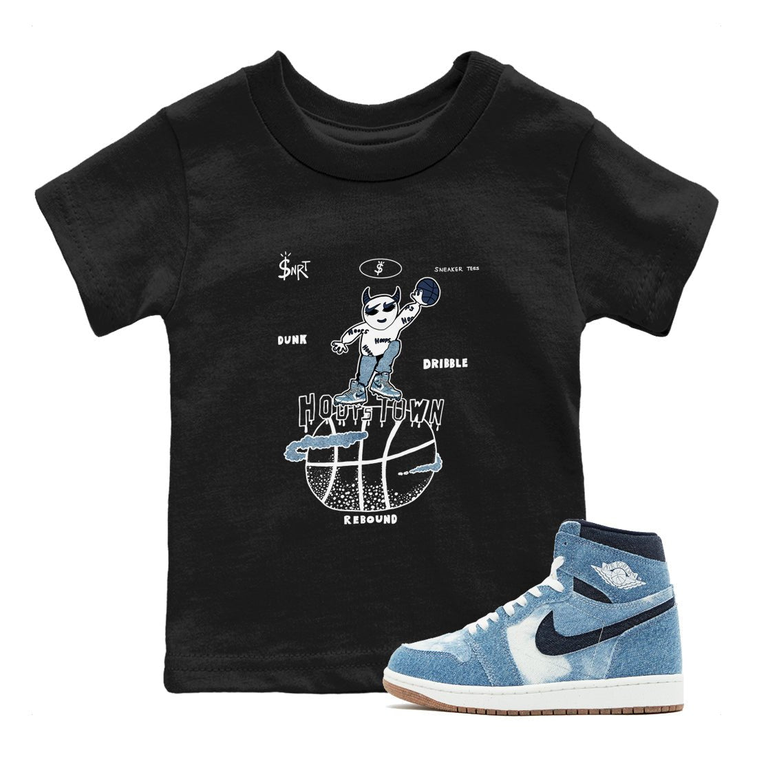 1s Denim shirts to match jordans Hoops Town sneaker match tees Air Jordan 1 Denim SNRT Sneaker Tees streetwear brand Baby and Youth Black 1 cotton tee
