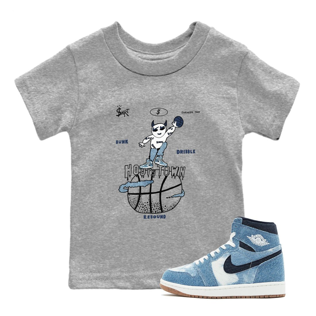 1s Denim shirts to match jordans Hoops Town sneaker match tees Air Jordan 1 Denim SNRT Sneaker Tees streetwear brand Baby and Youth Heather Grey 1 cotton tee