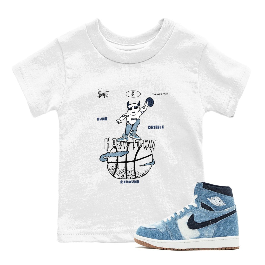 1s Denim shirts to match jordans Hoops Town sneaker match tees Air Jordan 1 Denim SNRT Sneaker Tees streetwear brand Baby and Youth White 1 cotton tee