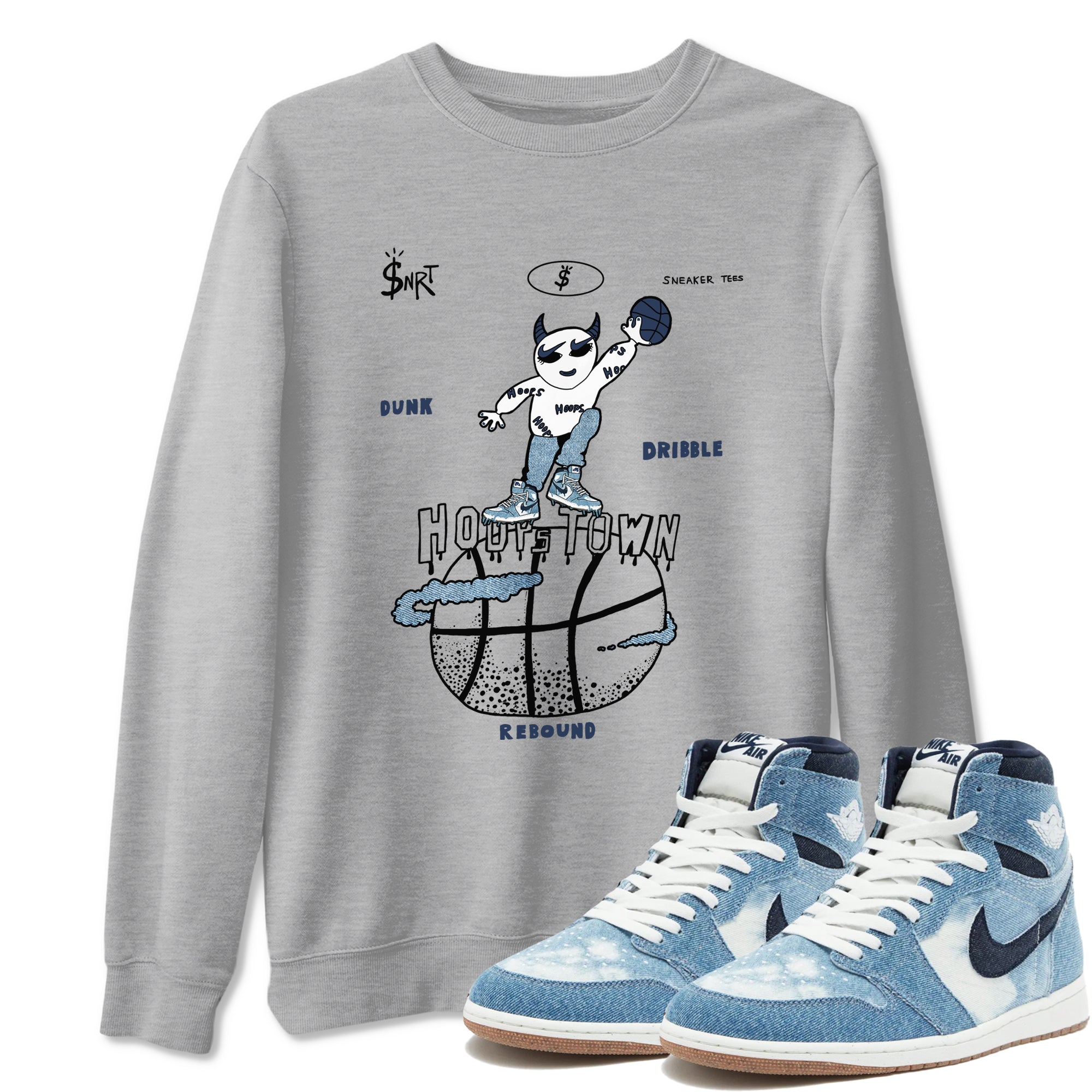 1s Denim shirts to match jordans Hoops Town sneaker match tees Air Jordan 1 Denim SNRT Sneaker Tees streetwear brand Heather Grey 1 unisex cotton tee