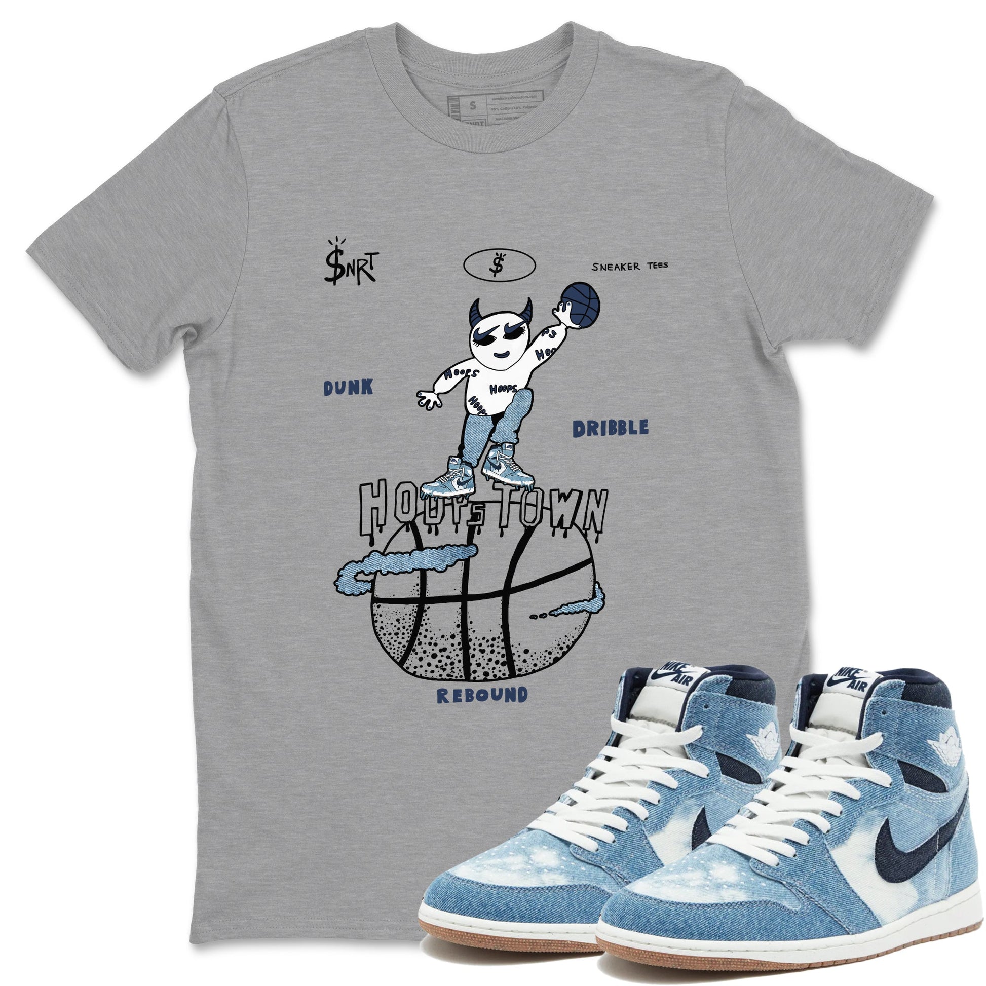 1s Denim shirts to match jordans Hoops Town sneaker match tees Air Jordan 1 Denim SNRT Sneaker Tees streetwear brand Heather Grey 1 unisex cotton tee